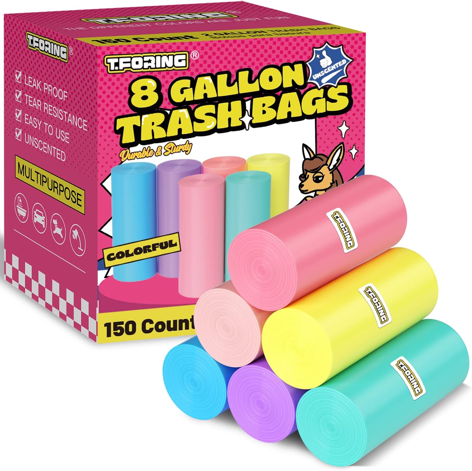 T.FORING 8 Gallon Trash Bags Colored 150 Count Medium