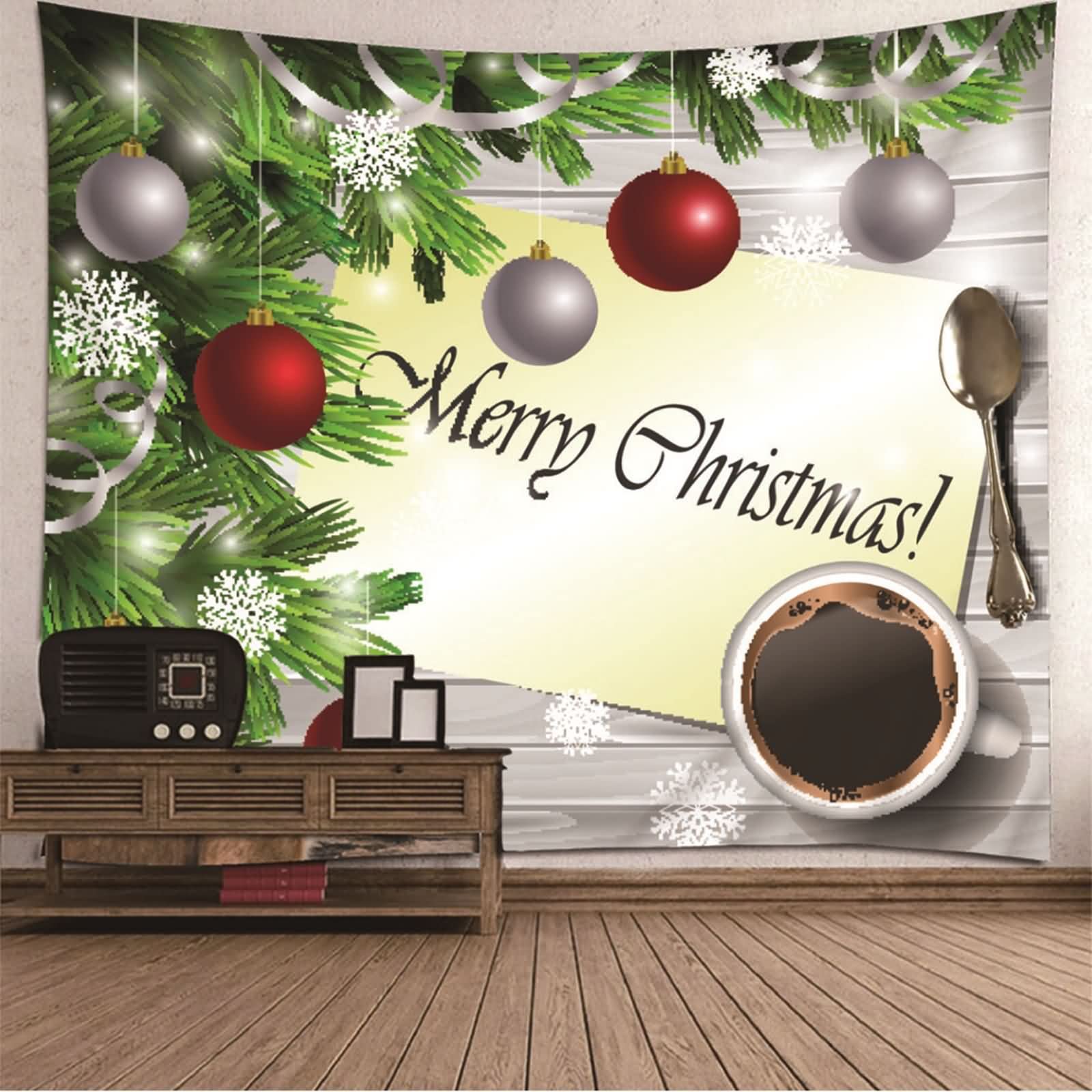 Noël Tapisserie Intissee Tenture A Crochet Boule De Noël Flocons De Neige Café Tapisserie Decorative Tentures Murales Grande Surface Marron Gris Vert Rouge Décorations De Noël 200X200Cm