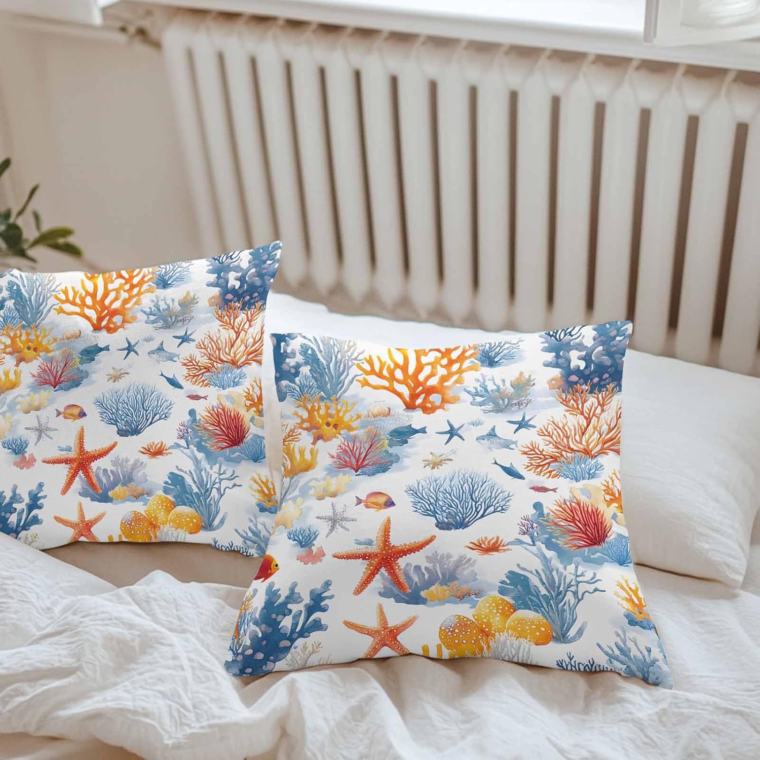 Chucoco Outdoor Waterproof Throw Pillow Cover, Ocean Starfish Blue Coral Decorative Pillows Cushion Covers, Watercolor Underwater World 2 Pack Pillow Cases for Patio Garden Balcony Couch Sofa 26x26in