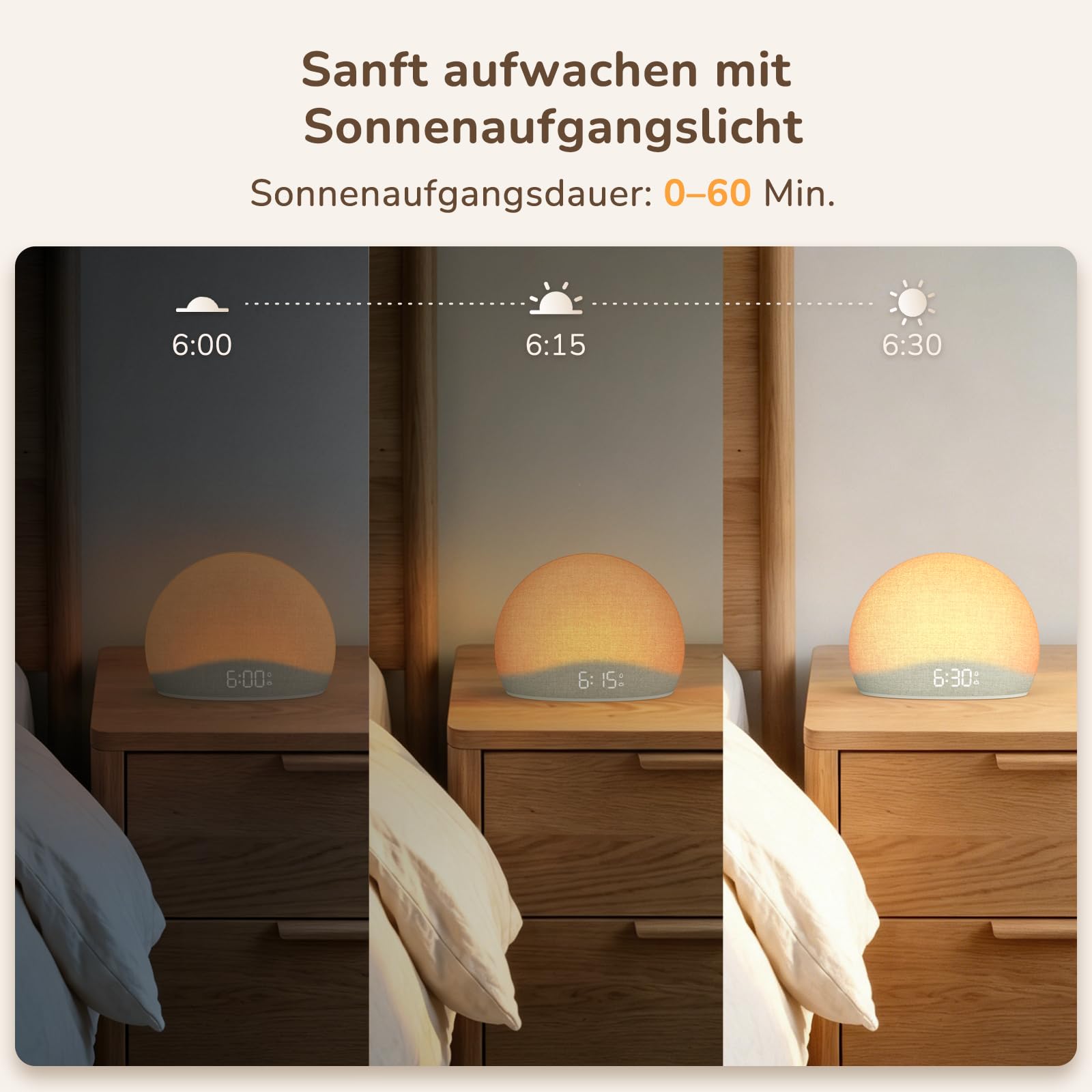 DOUMOSH Tageslichtwecker mit Sonnenaufgang & White Noise Machine | Daylight Alarm Clock, 20 Schlafklänge, Schlafenszeit-Erinnerung, Dimmbares Nachtlicht & Display, Schlafzimmer, Stoff-Design