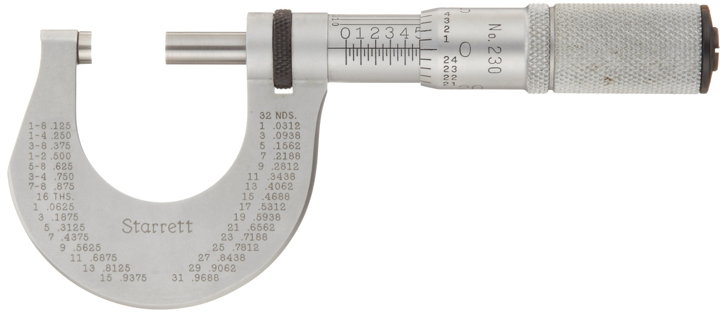 Starrett - Micrometro exterior de 230 FL, dedal de fricción, tuerca de bloqueo, rango de 0 – 1 pulgada, graduación de 0,001 pulgadas, precisión de +/-0,0001 pulgadas.
