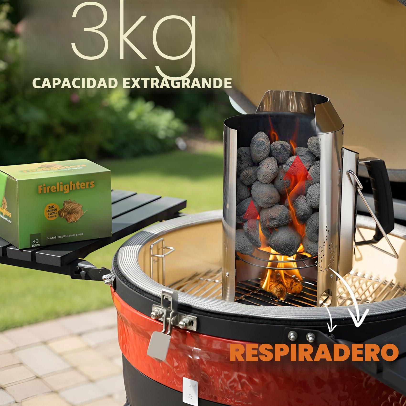 Onlyfire Chimenea Barbacoa con Bloques para Encender Fuego, Encendedor XXL Grande Carbón, Altura 34,5cm, Encendedor Barbacoa de Acero Inoxidable con Escudo Térmico y Asa, Capacidad 3kg