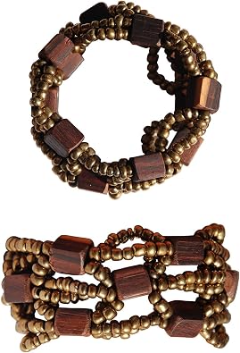 Gold Original Glass Beaded 10-Strand Elastic Bracelet with Square Wooden Beads