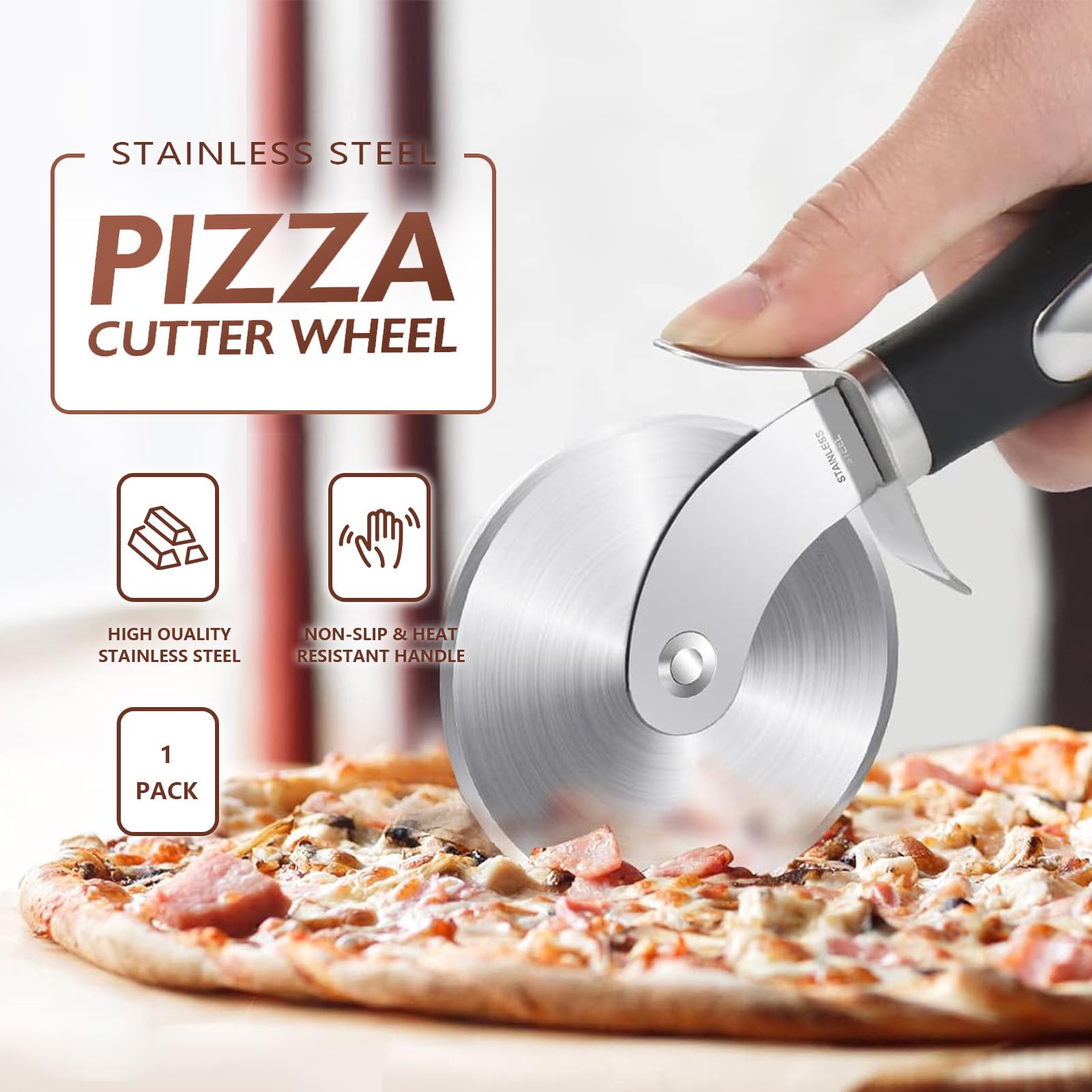 KollyKolla Corta Pizza Acero Inoxidable, 21cm, Cortador de Pizza Redondo, con Mango Ergonómico, Fácil de Limpiar, Cortapizzas Ideal para Pastel, Pan y Pasta, Diseño Profesional y Ligero