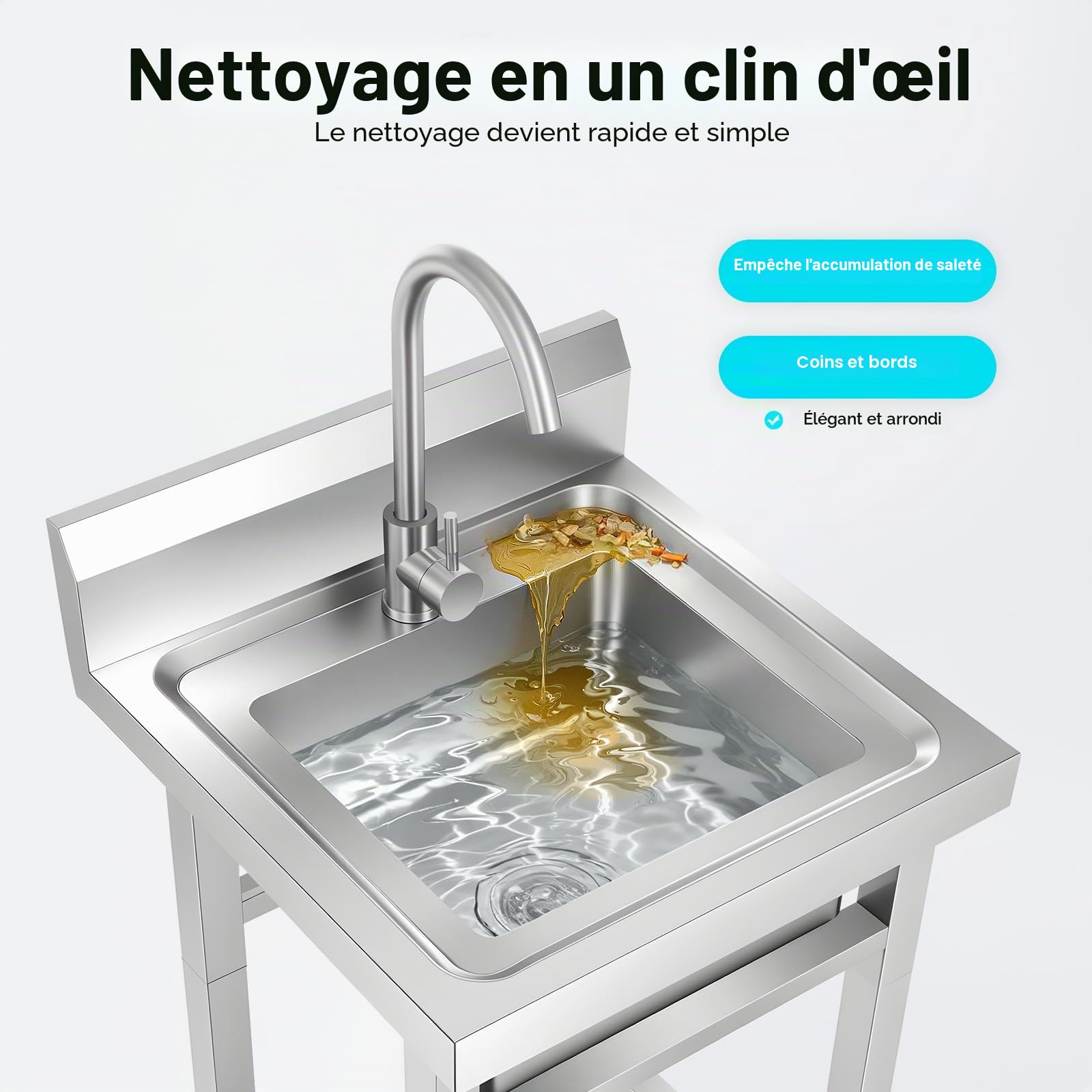 Évier Cuisine sur Pied Évier,Inox Autonome Professionnel avec Robinet Pivotant 360° Étagère et Dosseret Anti-Éclaboussures (50×50×93cm)