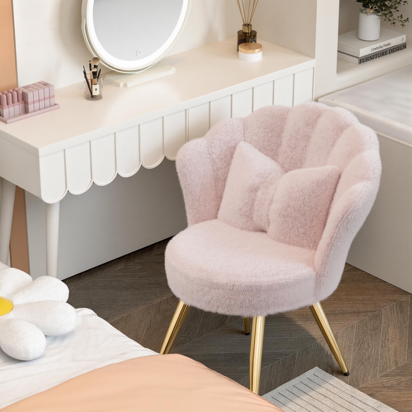 Esszimmerstühle Samt 1er Set • Muschelsessel mit Rückenlehne & Armlehnen • Schminktisch Stuhl • Polstersessel Elegant • Akzentstuhl mit Kissen Accent Chair • Rosa