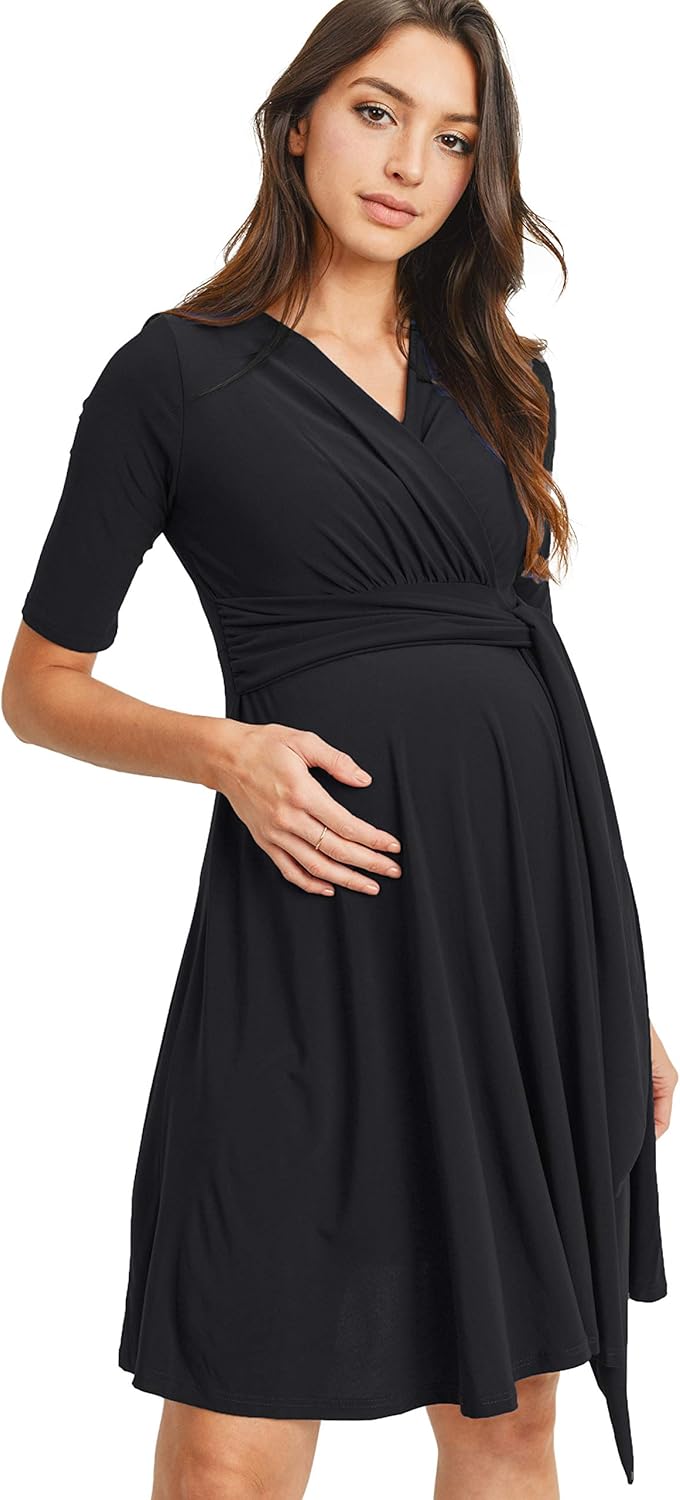 HELLO MIZ Women's Maternity Dress V-Neck Short Sleeve for Baby Shower (Black Solid, M)