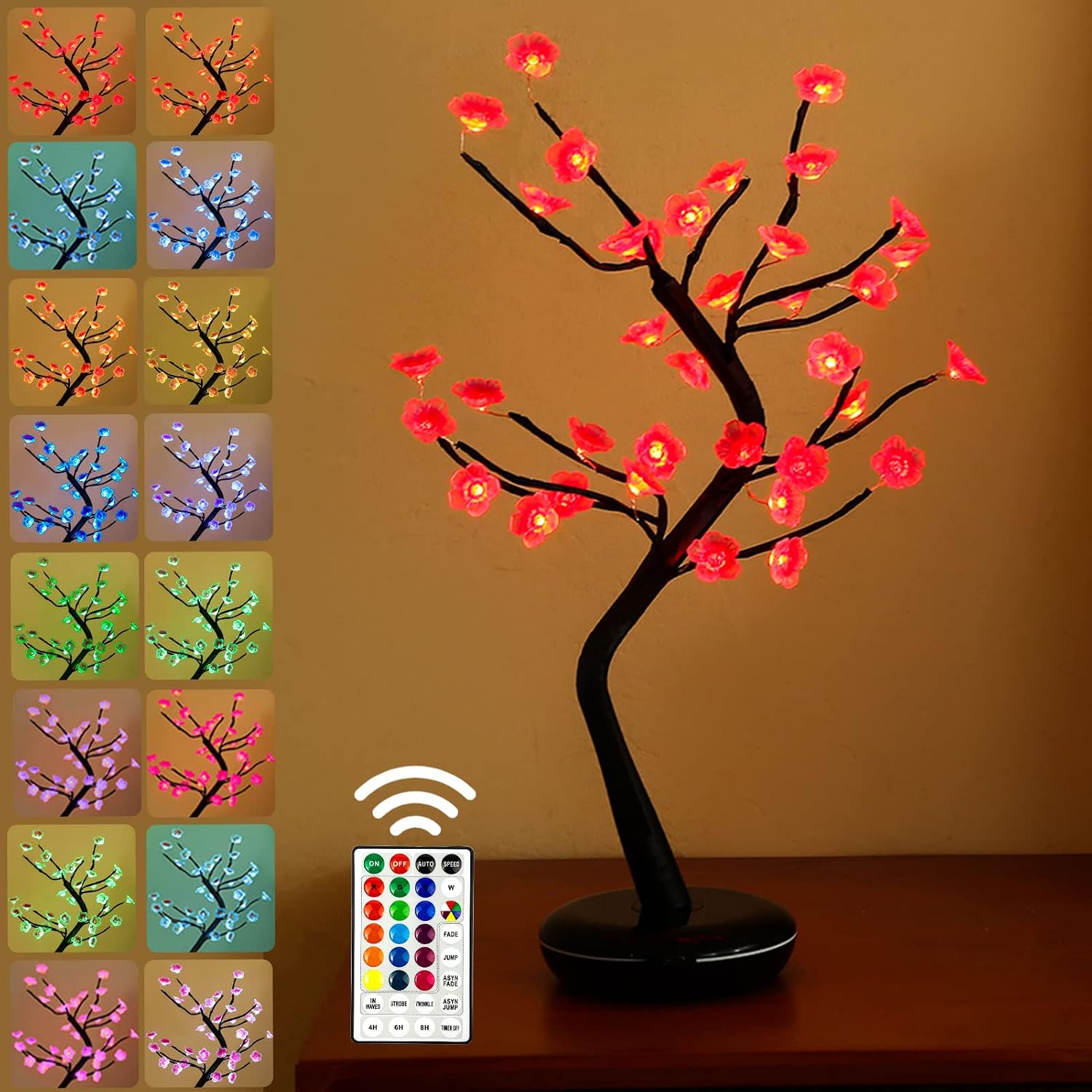 Cherry Blossom Tree Light with Remote 18 Inch 36 Led Tree Lamp Color-Changing Lighted Bonsai Tree Battery and USB Plug in Decorative Artificial Tree for Bedroom Living Room Home Ideal As Night Light.
