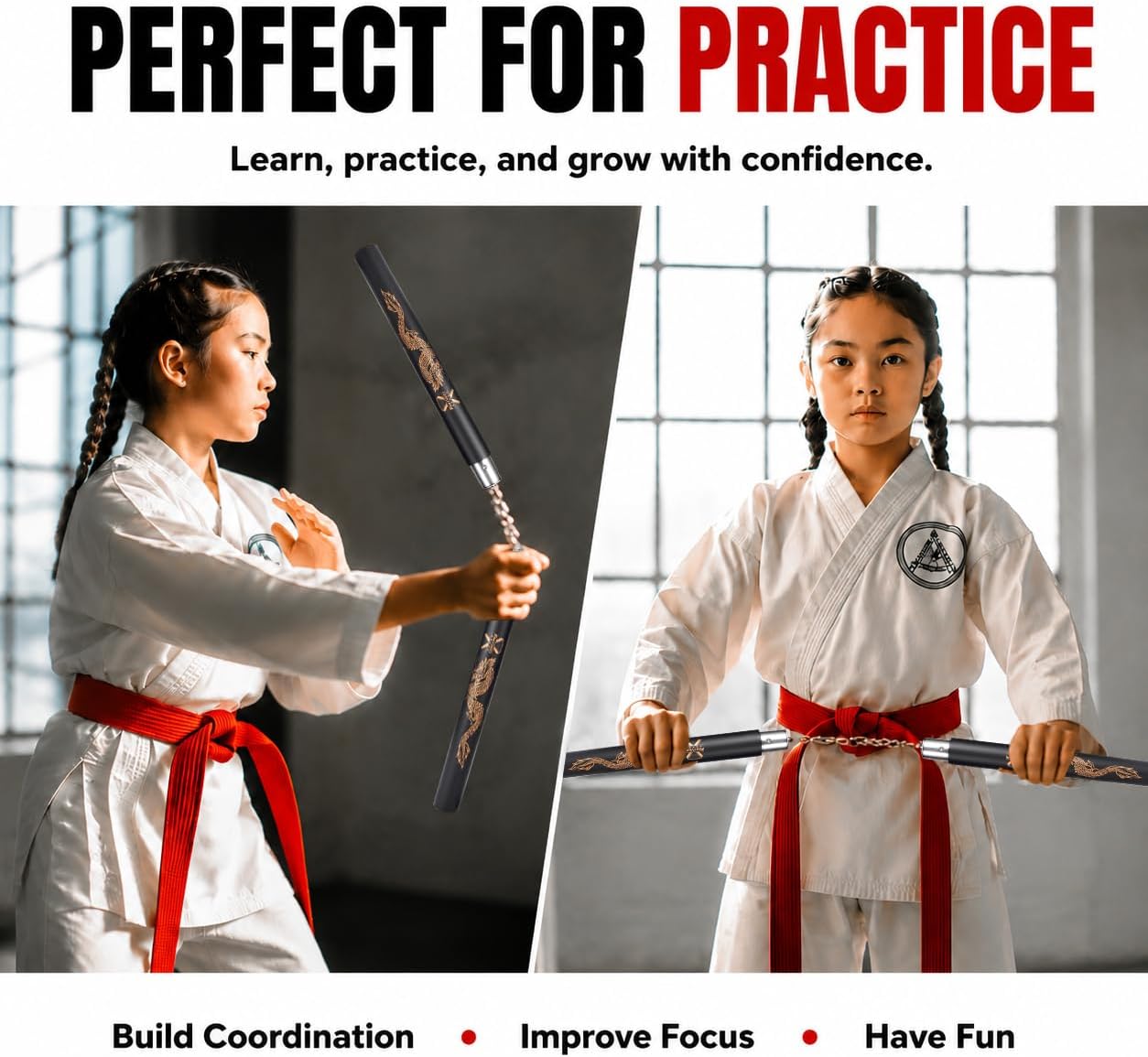 Safe Foam Nunchuck (2 Pairs), Durable Training Nunchaku | Includes 1 black and 1 red pair. Lightweight soft foam construction for safe training, ideal for beginners and kids.