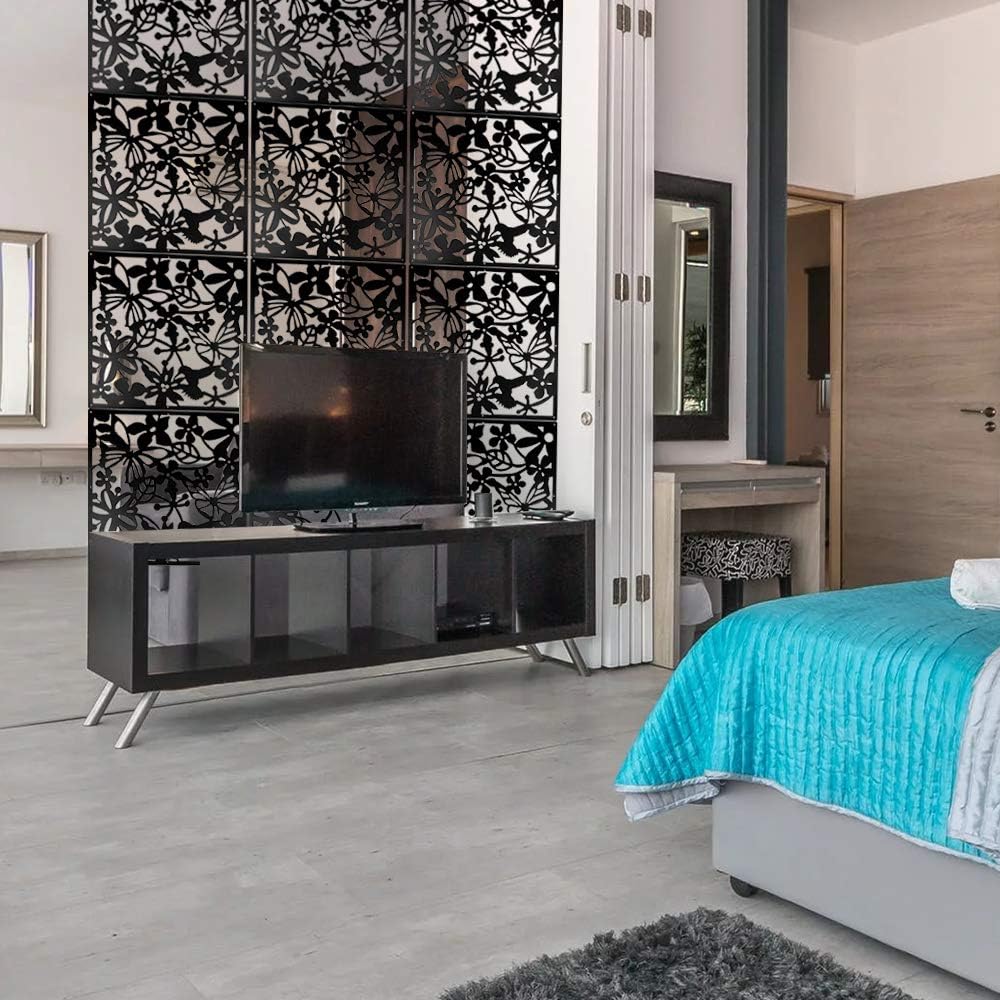 ANMINY 24 PCS Hanging Room Divider Flower Carving Pattern Panels Decorative Wall Screen Panel Hollow Out Design for Living Dining Room Kitchen Bedroom Office Bar Restaurant Home Hotel Decor - Black