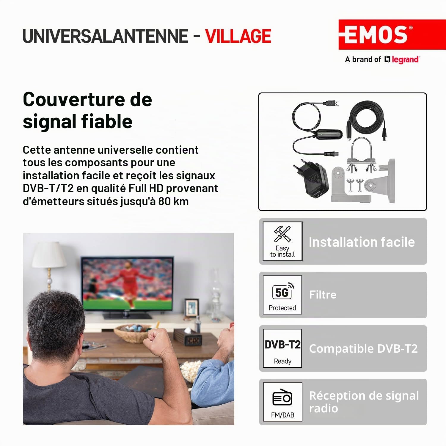 EMOS - Antenne numérique avec amplificateur - pour l'extérieur - Antenne Active Village - Portée 0-80 km - FM/Dab/DVB-T/DVB-T2 - Filtre LTE/4G/5G intégré - Angle de réception 360°