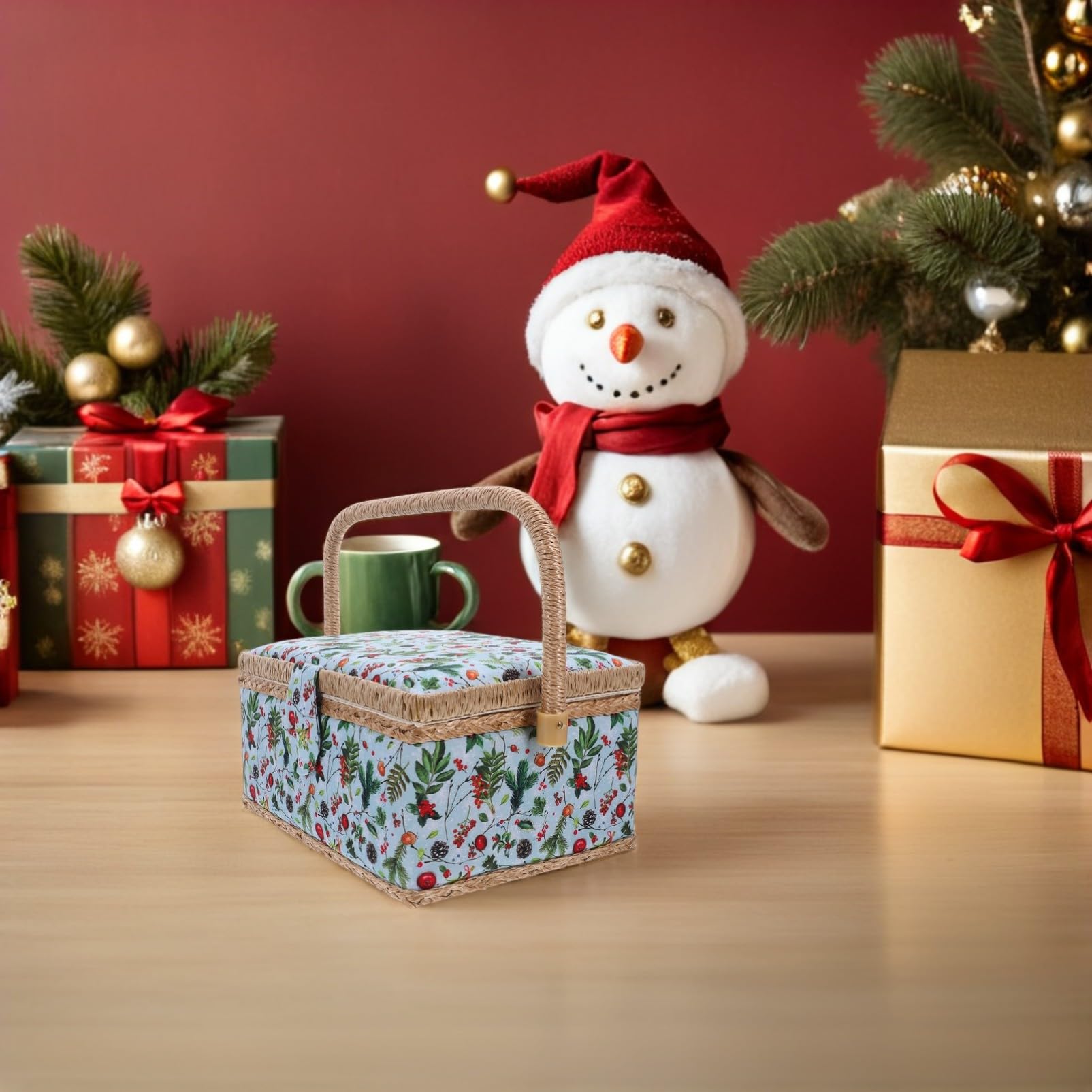 Mipcase Caja Organizadora de Costura Diseño Navideño, Gran Capacidad, Bordado Elegante y Diseño Portátil para Uso en Casa y Viaje