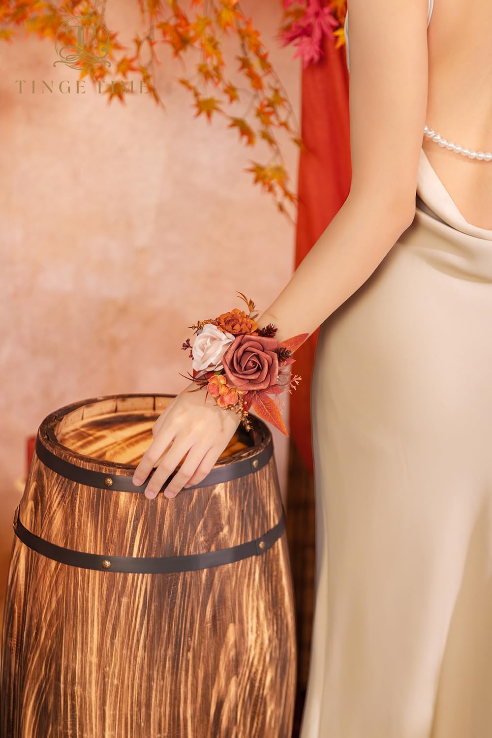 TINGE TIME Set of 2 Wrist Corsage Bracelets Pearl Wristlet Band Bridesmaid Bracelet for Wedding Ceremony Bridal Shower Wedding Artificial Flower Prom (Maple Red) - Image 3