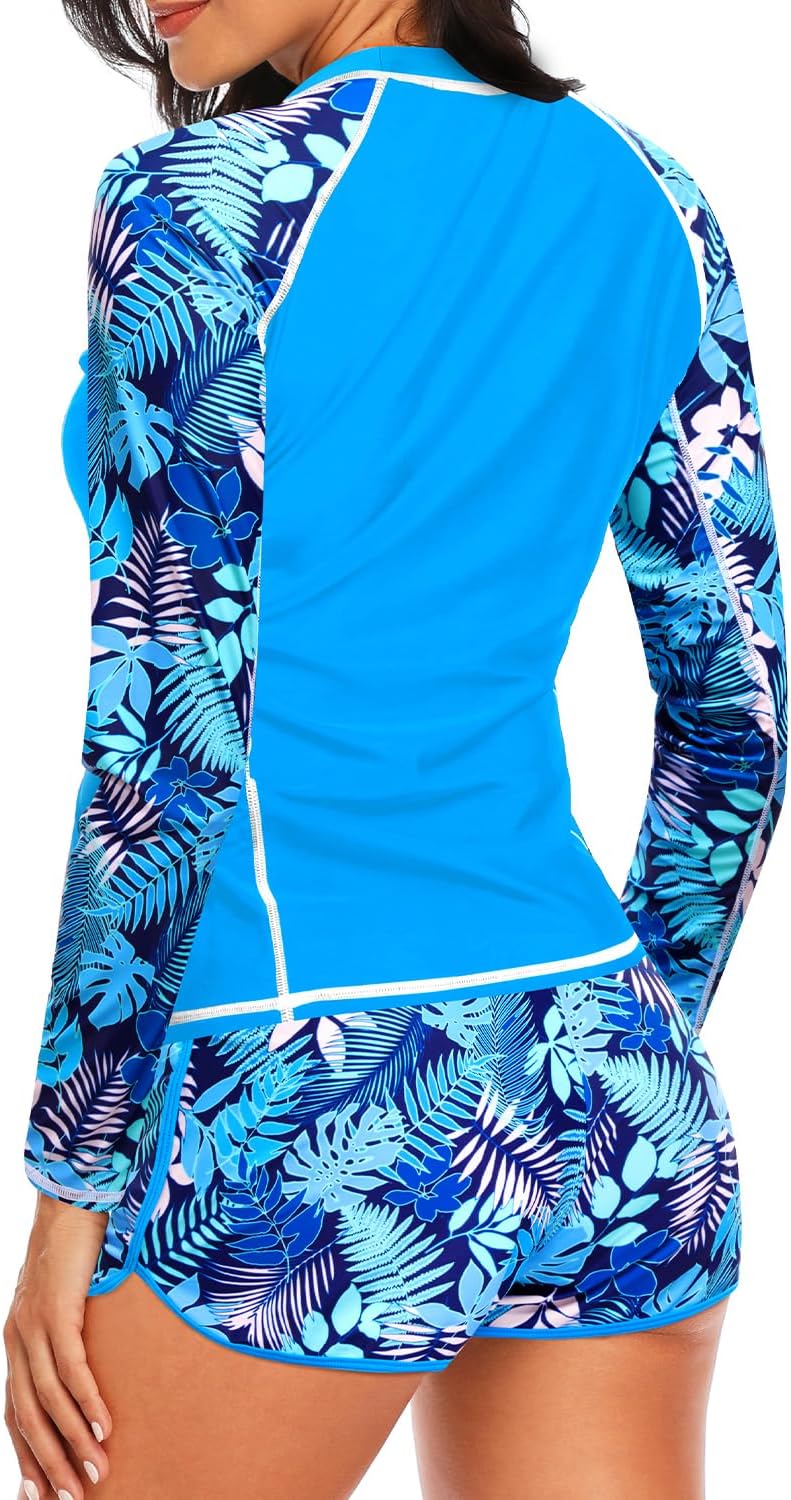 Women's Long Sleeves Rash Guard - 2 Piece Swimsuits with Built in Bra Swim Shirt and Shorts with Pockets - Image 2