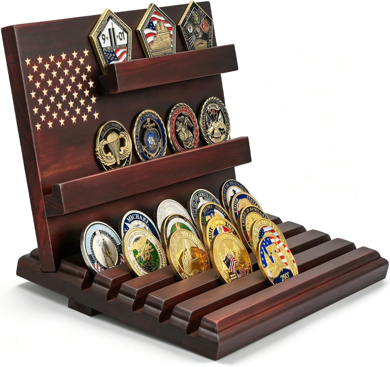 Challenge Coin Display Mahogany Military Coin Holder Display Stand | Upgrade Desktop Slotted Stands with 2+5 Rows Rack 40 Coins Capacity Solid Wood for Veterans Collectors Ideal Gift Decorative