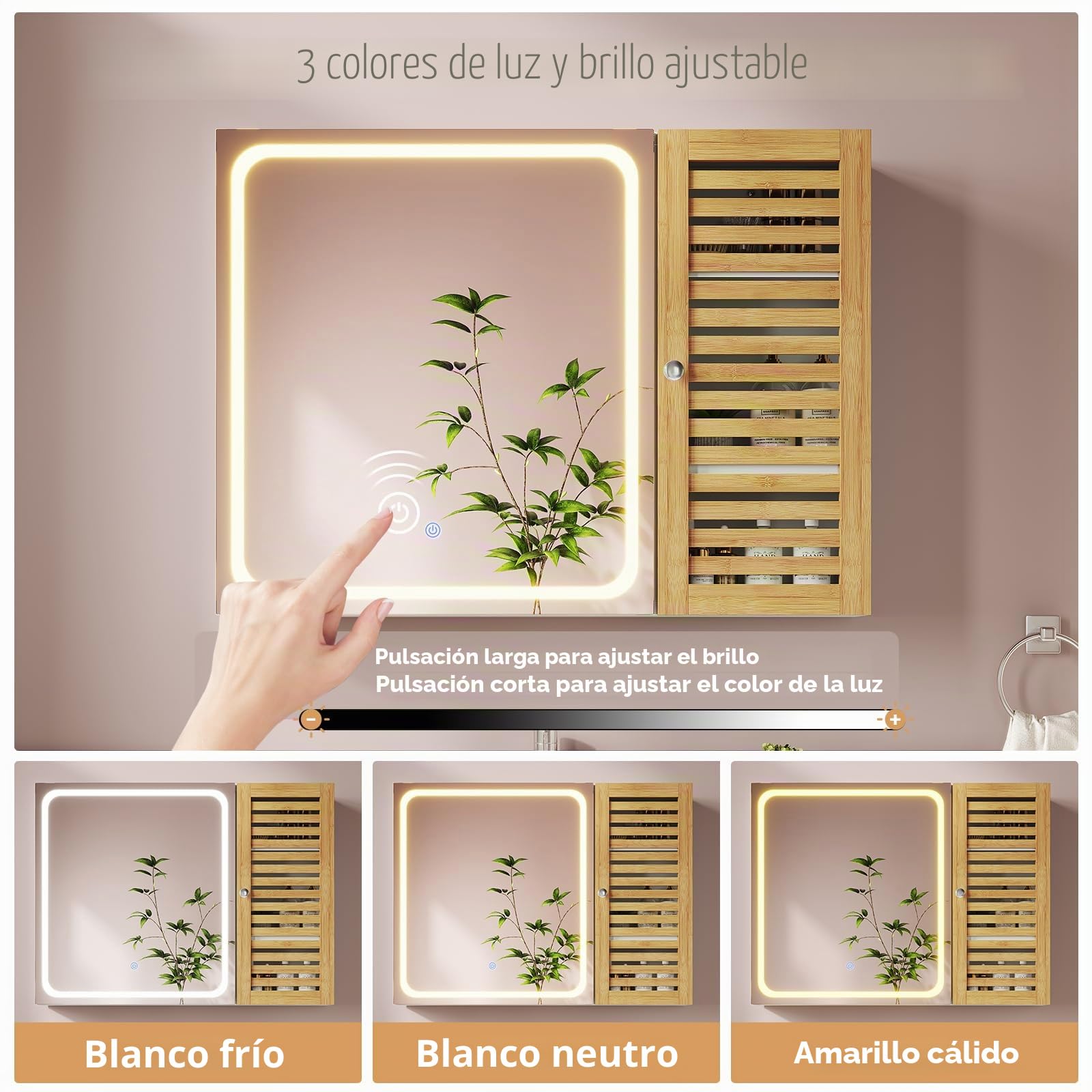 Armario con espejo para baño con iluminación, armario de baño con espejo, armario con 6 estantes, 4 estantes ajustables, armario colgante con puerta de bambú, 80 × 60 × 16 cm