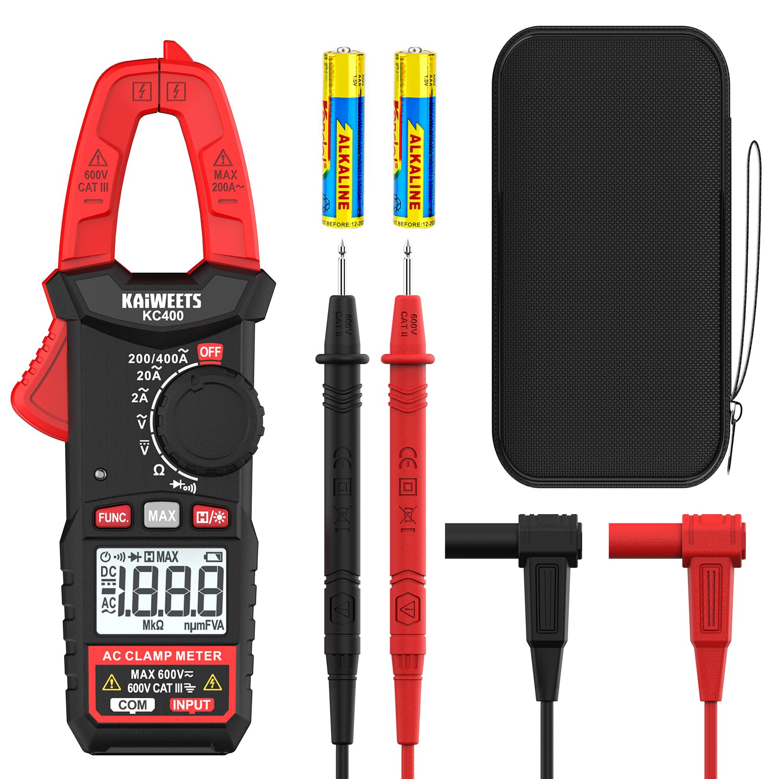 KAIWEETS Digital Clamp Meter, Portable Size, 2000 Counts, Measures High AC Current 400A, 600V AC/DC Voltage, Resistance, Continuity, Diode, Auto Ranging Multimter, Voltage Tester, KC400
