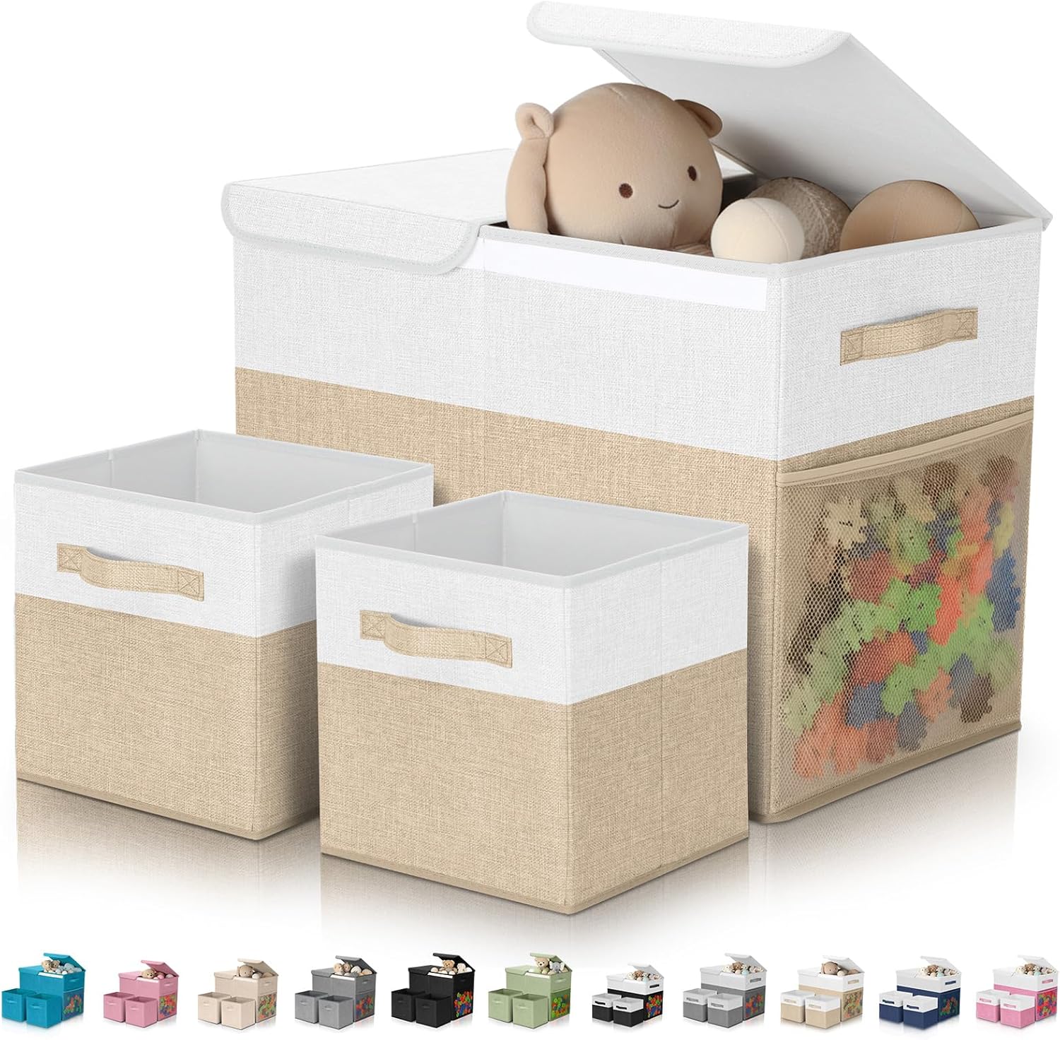 3 Pack Large Storage Bins Set 23" Toy Chest Storage with Lids and 11" Cubes Organizer Bins for Kids Bedroom Closet Shelf Organizer for Clothes Blankets Nursery Playroom(Beige White)