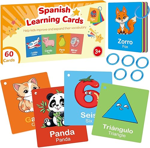 Tarjetas didácticas de aprendizaje de español para niños pequeños, 60 tarjetas bilingües de doble cara para números, colores, formas, palabras de disponible en Yaxa Costa Rica