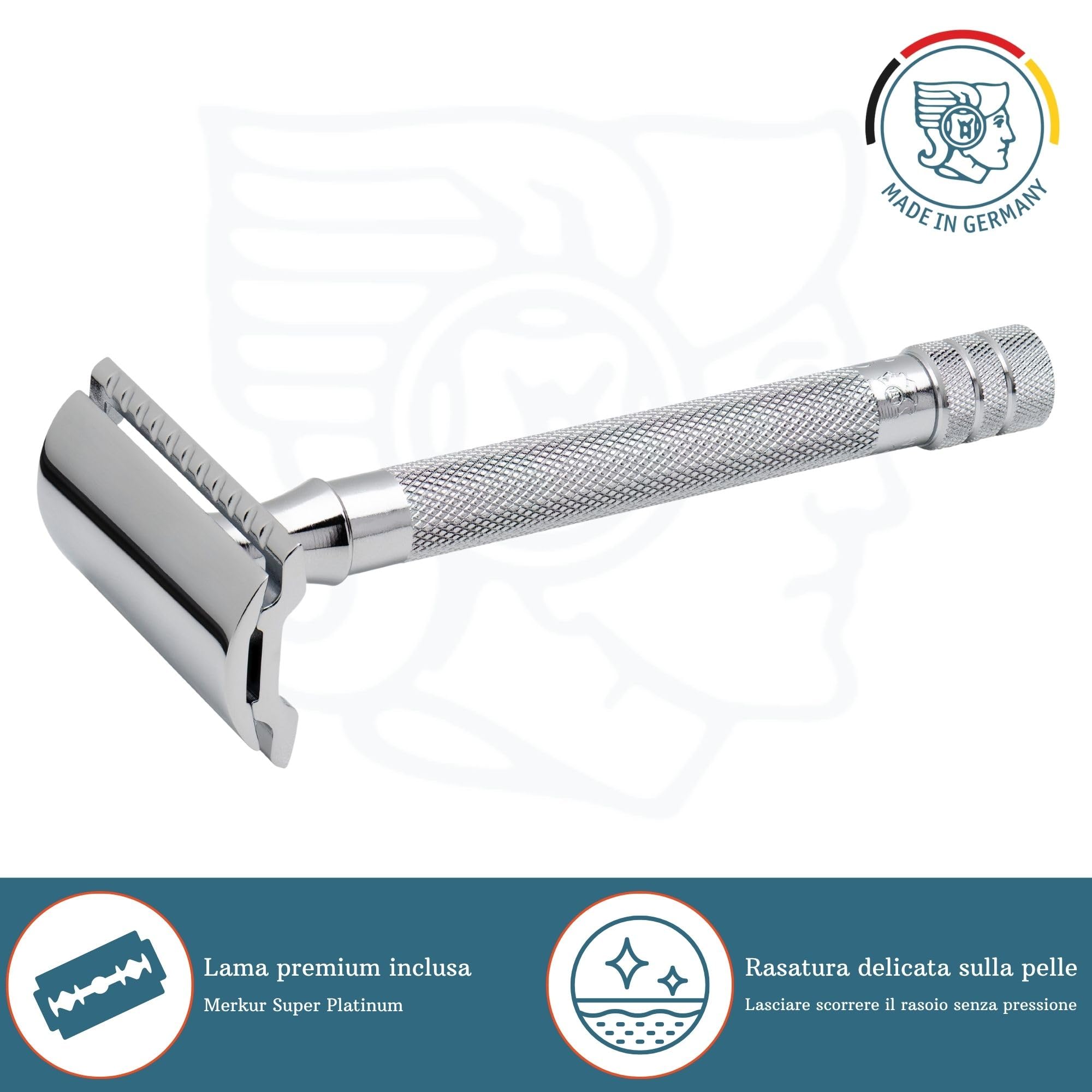MERKUR 23C Rasoio di sicurezza – Finitura cromata lucida, manico lungo, struttura in tre pezzi, pettine chiuso, rasatura tradizionale – Made in Germany
