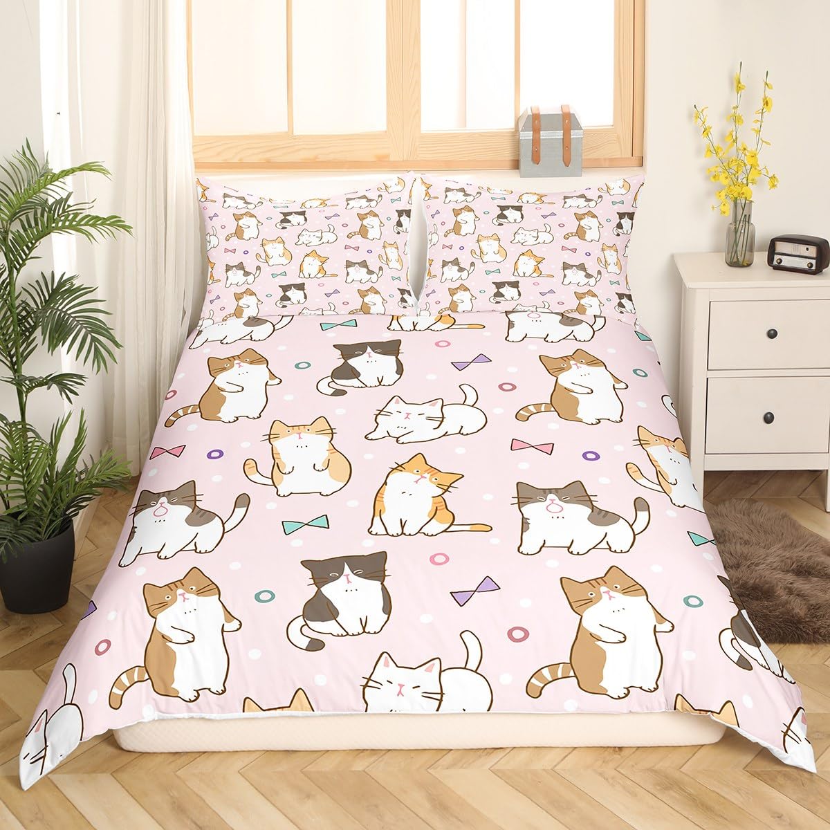 Manfei Kawaii Cats Duvet Cover Set Double Size, Cartoon Animal Theme Comforter Cover with 2 Pillowcases - Image 3