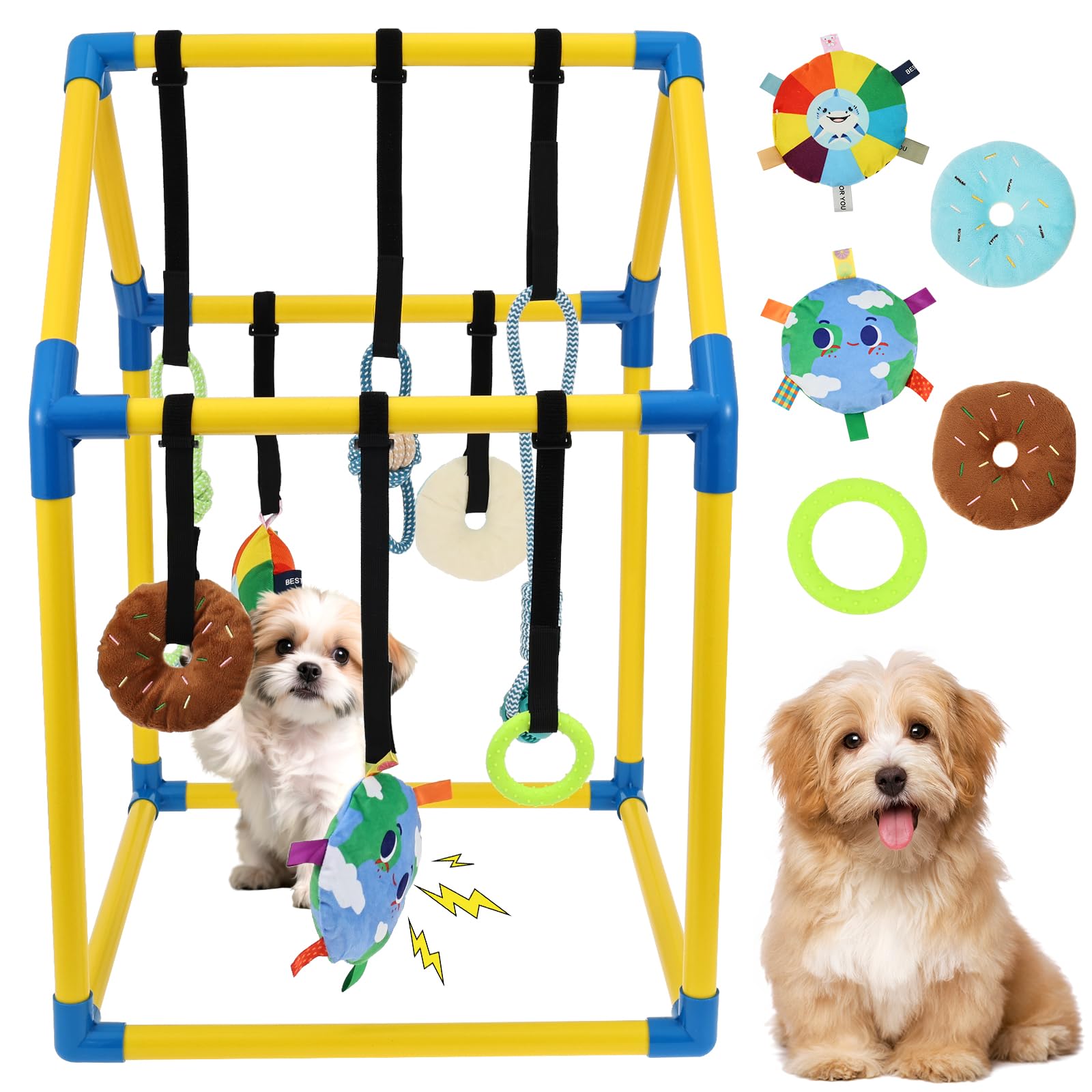 Gimnasio para cachorros con 8 juguetes colgantes, juguete de gimnasia en la selva para perros pequeños con marco de PVC y correa elástica para entretenimiento, dentición divertida y estimulación