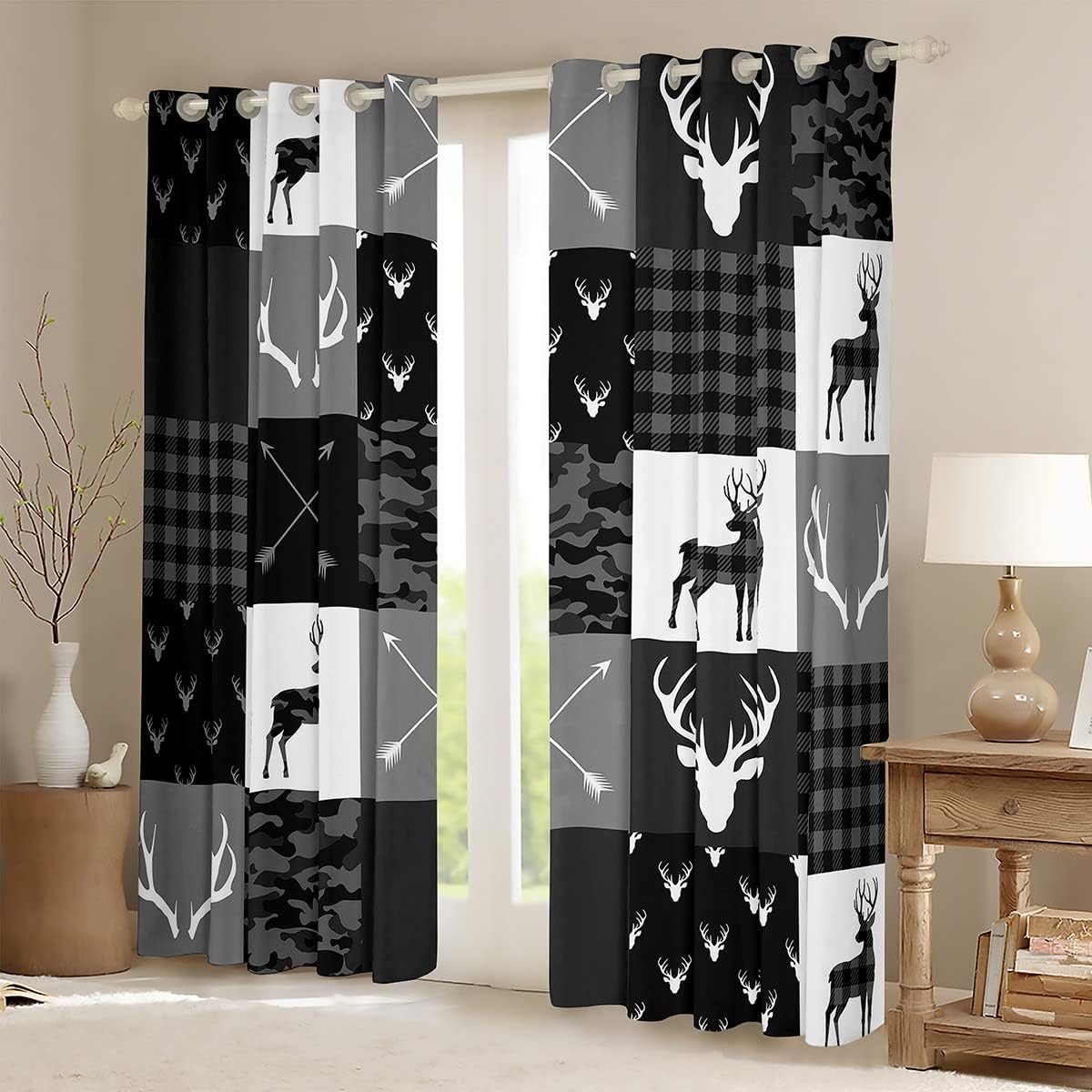 Deer Silhouette Window Curtains,Antlers Arrow Window Treatments Stripes Gird Camouflage Window Drapes for Kids Teens Room Decor Grommet Top 2 Panel Set Bedroom Curtains,52X63 inch,Black White Grey