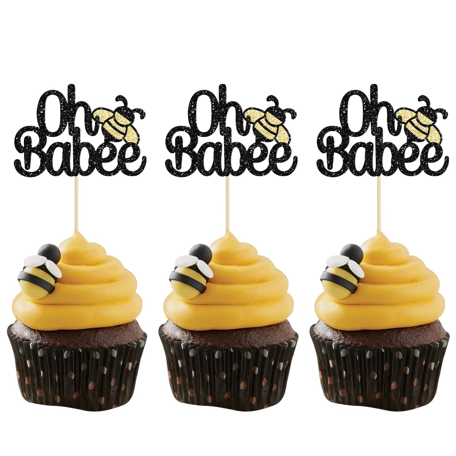 Gyufise 24Pcs Oh Babee Cupcake Toppers Black Glitter Bumble Bee Cupcake Picks Oh Baby Cake Decoration for Bee Theme Baby Shower Kids Birthday Party Decorations Supplies