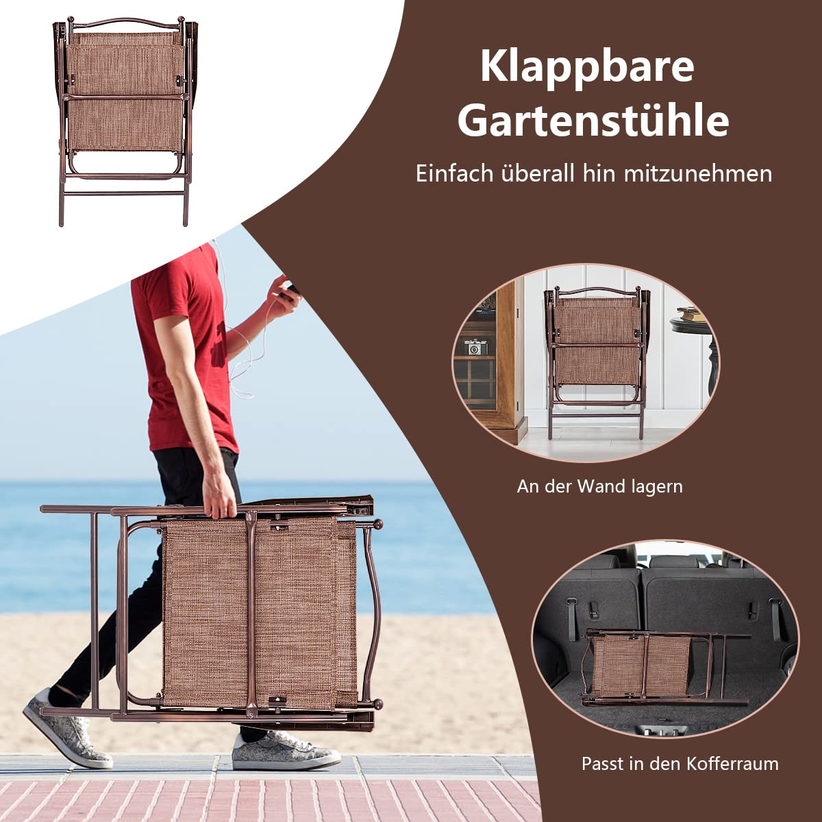 COSTWAY 2er Set Gartenstühle klappbar, Hochlehner wetterfest Gartenstuhl Klappstuhl bis 120 kg, Terrassenstühle mit Armlehnen für Garten, Terrasse, Pool, Braun