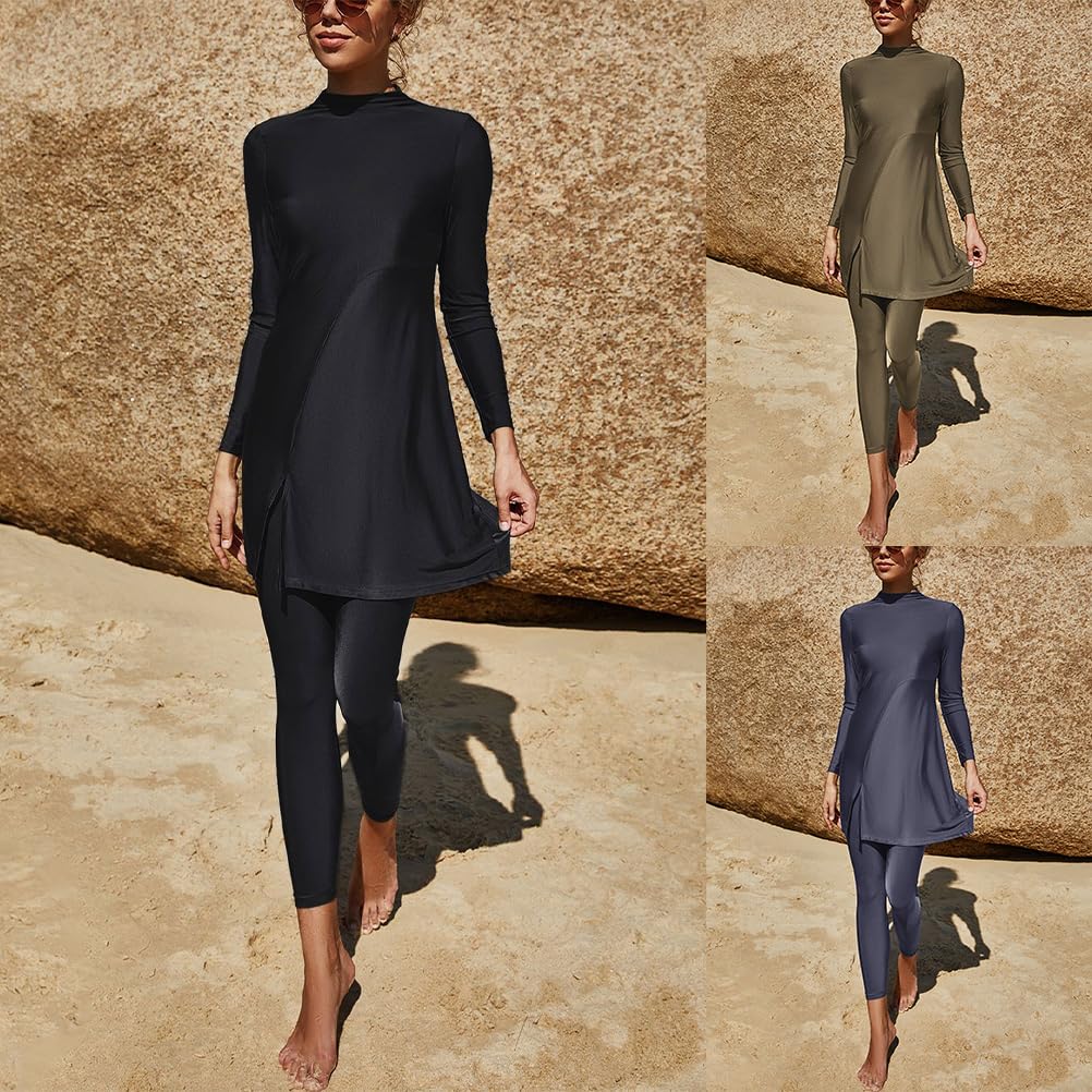 shownicer Costume da Bagno Musulmano Donna Manica Lunga Burkini + Pantaloni da Nuoto Islamico 2 Pezzi Costume da Bagno Copertura Completa Modesto Swimsuit Beachwear