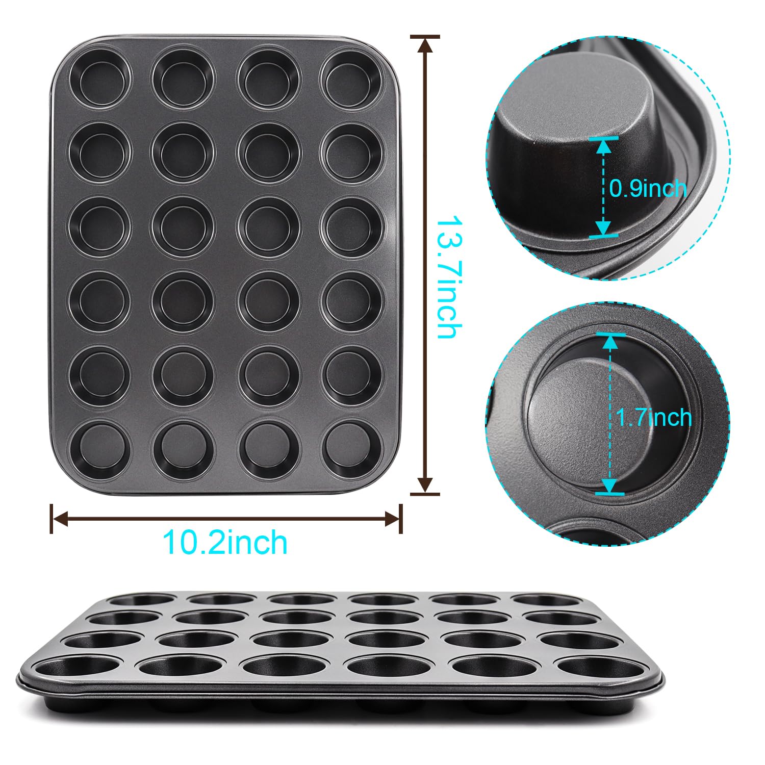 Lot de 2 moules à muffins ronds antiadhésifs pour la pâtisserie, Patisserie Accessoire, noir, acier (24 tasses, noir)