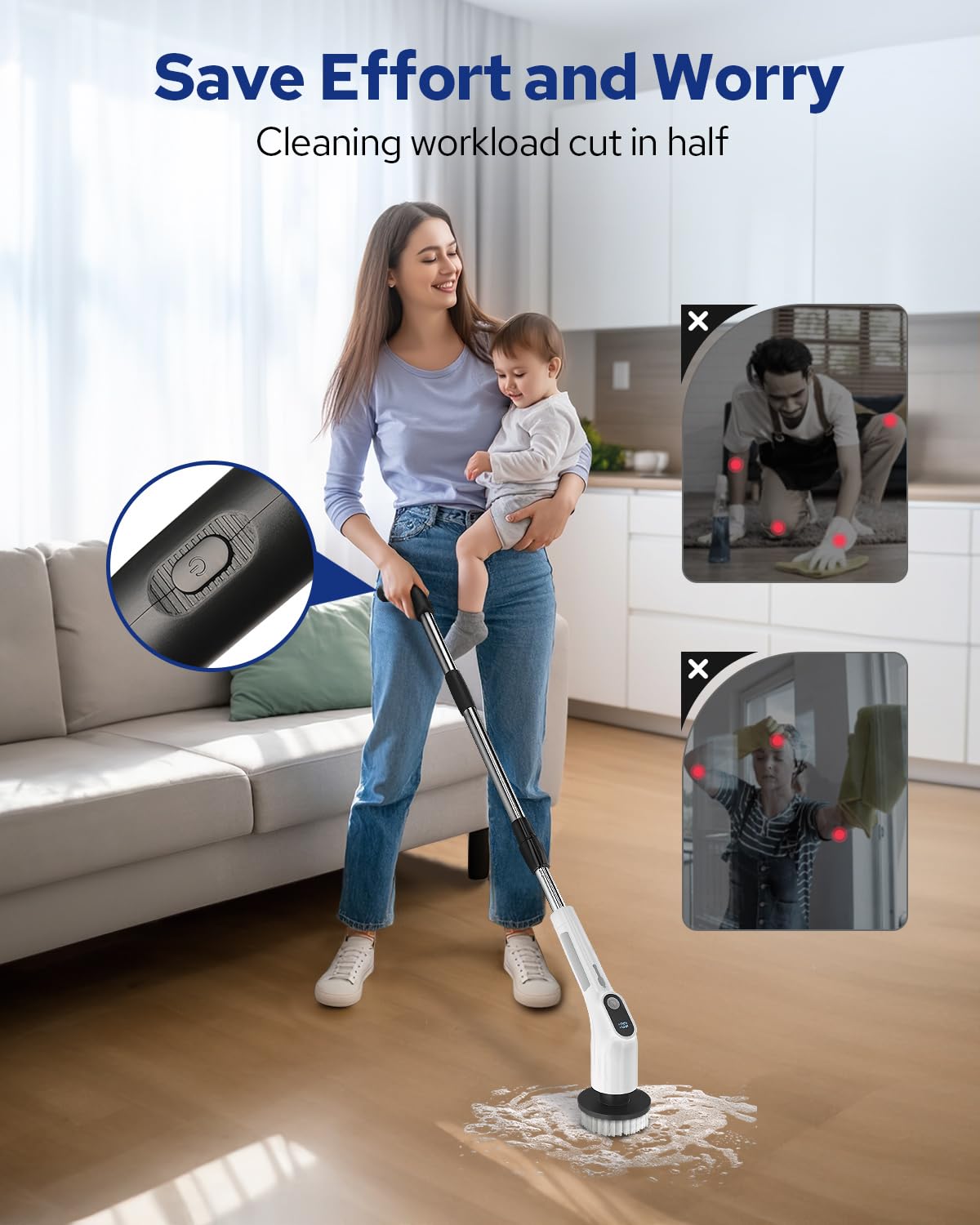 Electric Spin Scrubber for Cleaning Bathroom - Upgraded Dual Switch Cleaning Brush - IPX7 Waterproof Power Scrubber with 7 Brush Heads, Extended Handle and 2 Speeds for Bathroom Shower Bathtub Floor