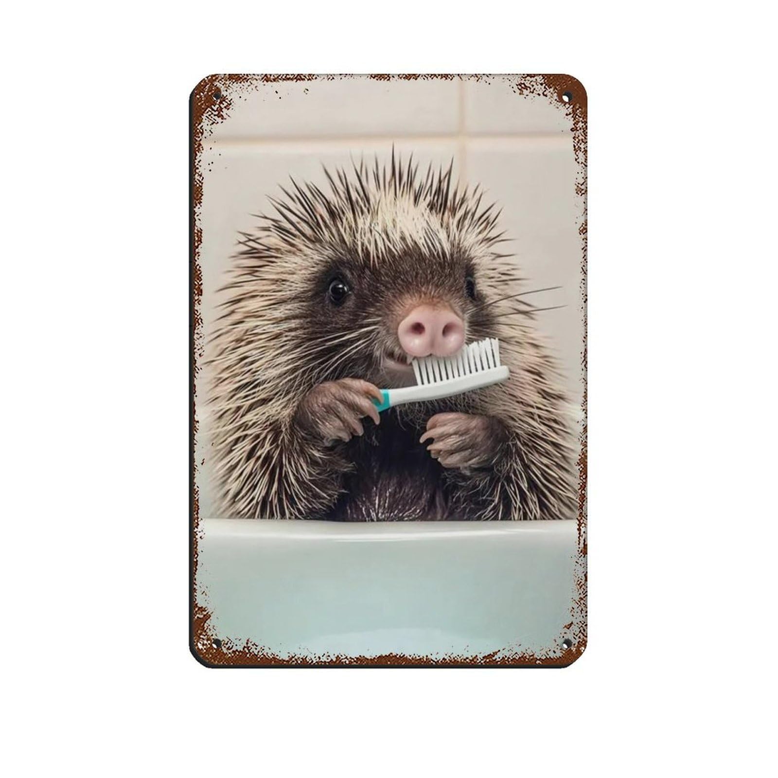 Porcupine Brushing Teeth, Funny Bathroom Art Retro Poster Metal Tin Sign Chic Art Retro Iron Painting Bar People Cave Cafe Family Garage Poster Wall Decoration 8x12inch(20x30cm)