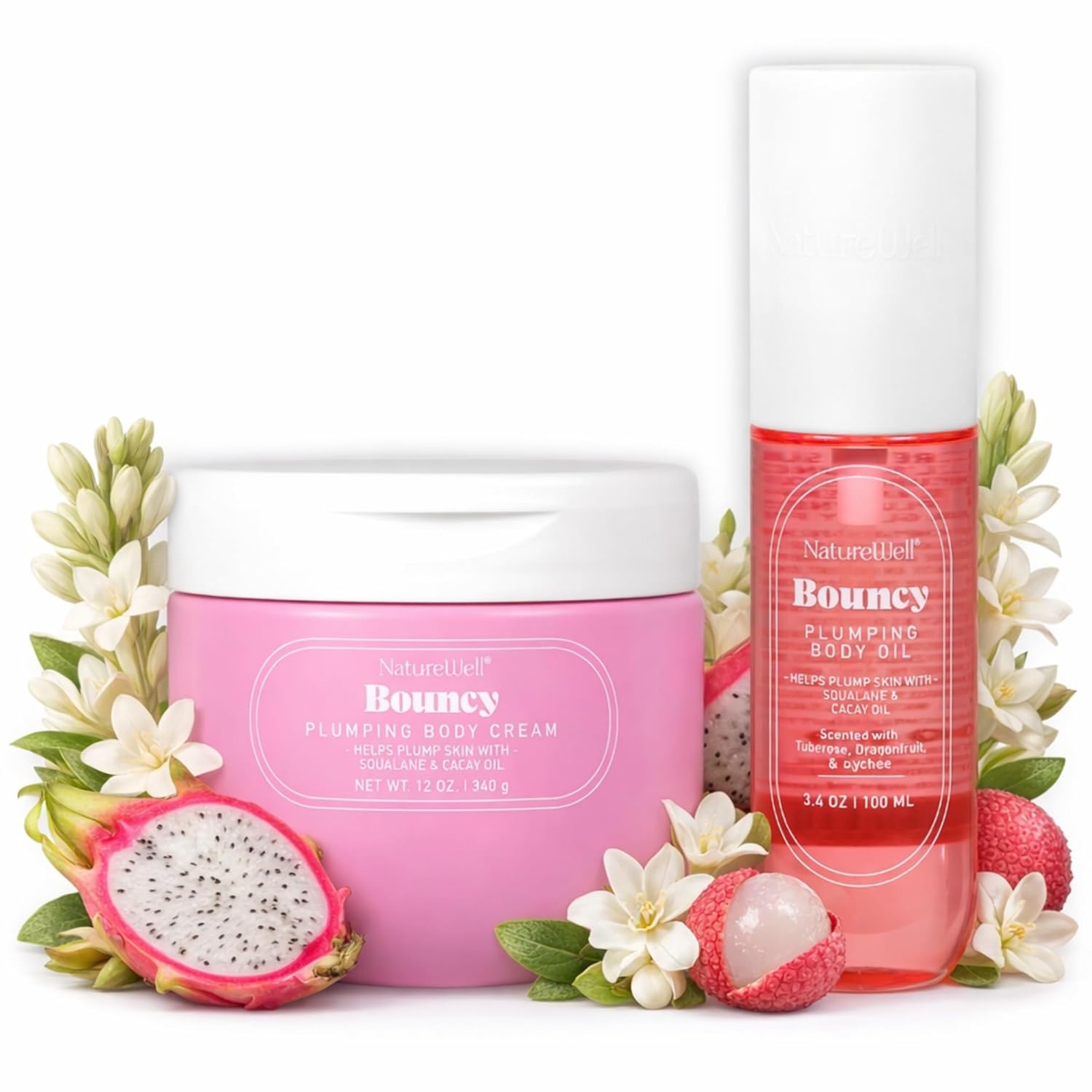 NATURE WELL Bouncy Plumping Body Oil & Body Cream Bundle, Fast-Absorbing, Designed to Support Skin Elasticity, Smoothness, & Bounce, Scented with Tuberose, Dragonfruit, Lychee & Golden Amber