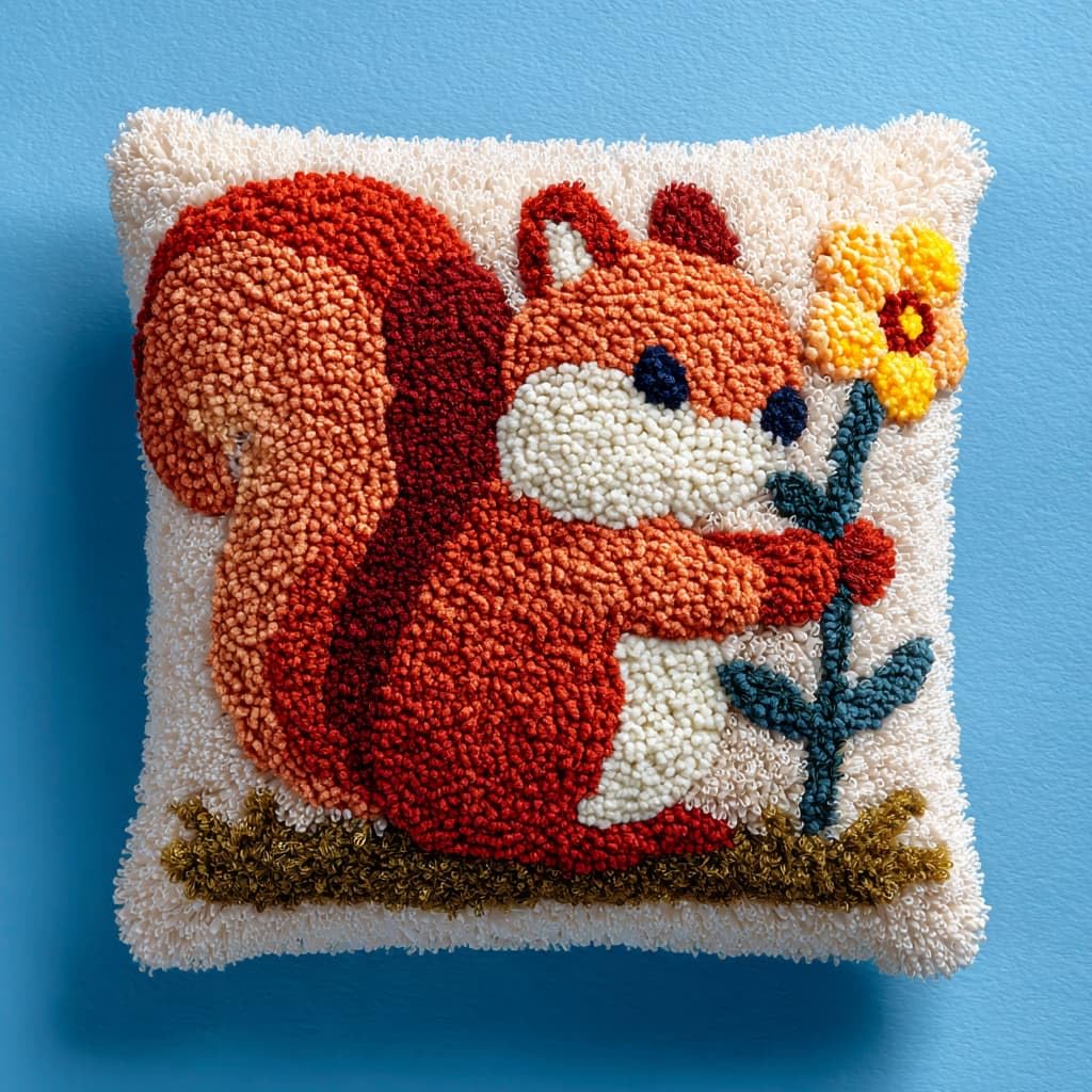 Taxpy Latch Hook Cushion Kits, Squirrels and Flowers Pillow Case Cushion Rug Cover DIY Needlework Embroidery Kits Handmade Hook Set 43x43cm