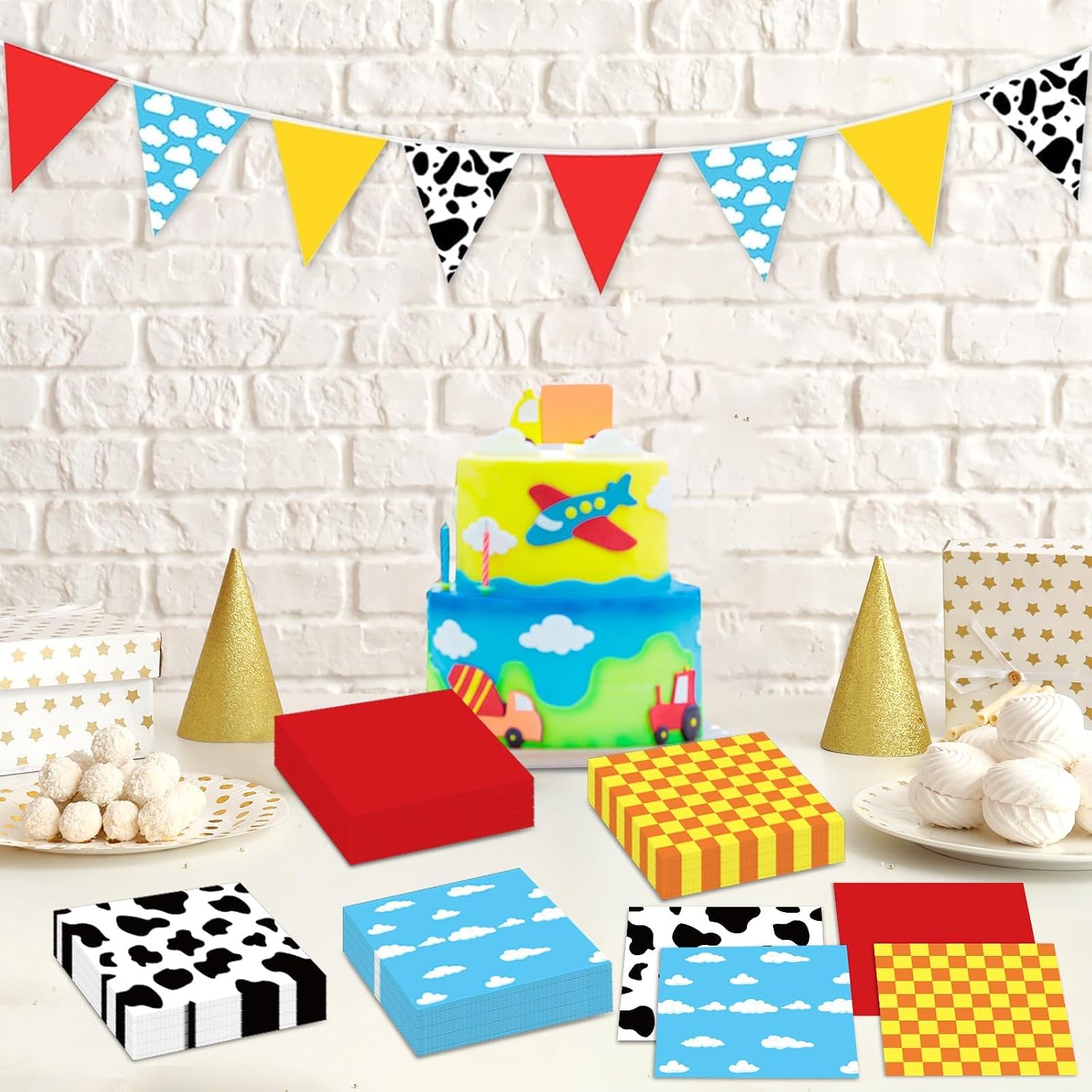 100PCS Cartoon Story Party Paper Napkins Toy Inspire Game Party Napkins Supplies Decorations Cow Print Themed Blue Cloud Disposable Napkins Cartoon Theme Dinner Napkins for Kids Baby Shower Birthday
