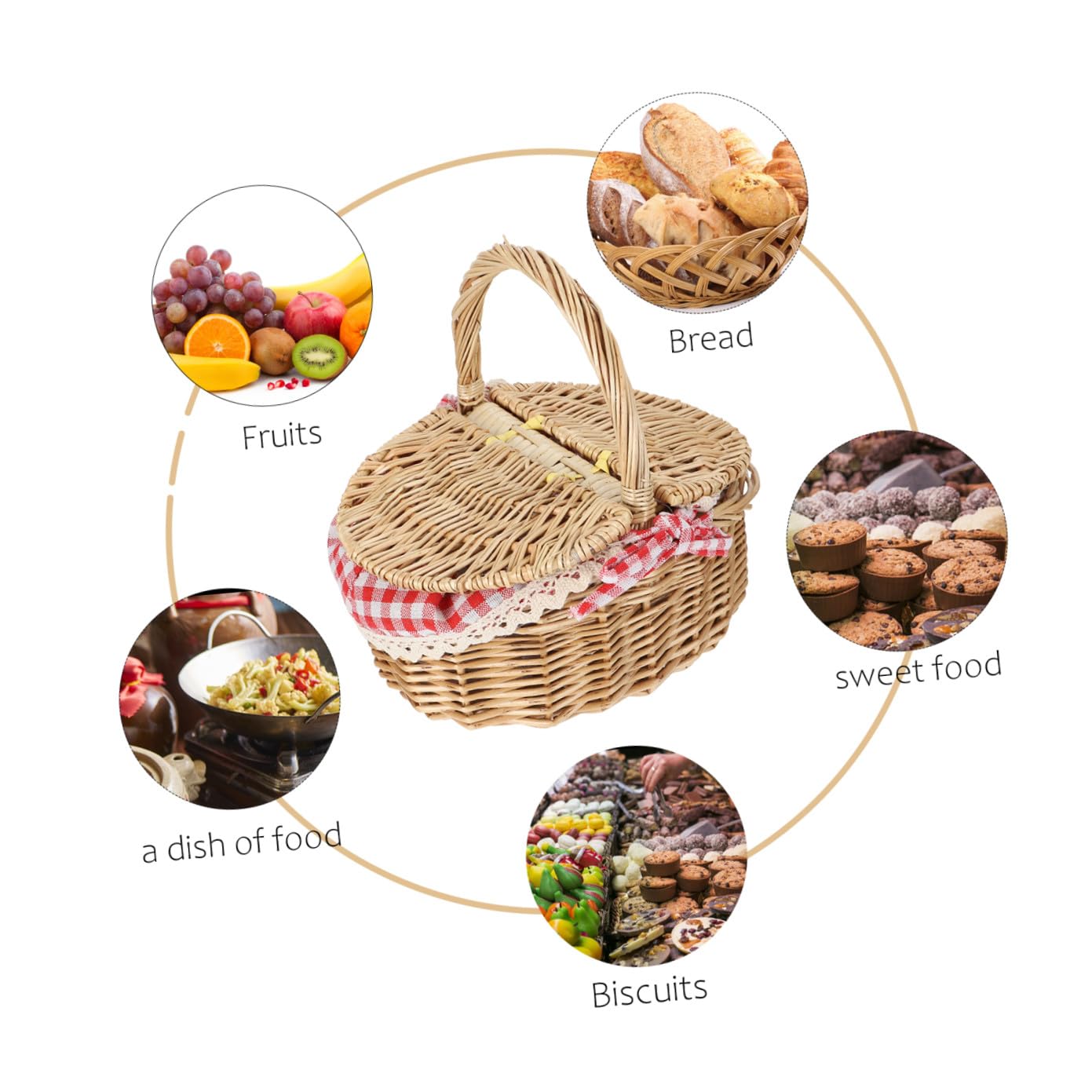 Cesta de Tejido de Mimbre para Picnic al Aire Libre Tapa, Tamaño 26x18x15 Cm, Color Natural Forro Rojo a Cuadros, Cesta Multiusos para Frutas y Alimentos