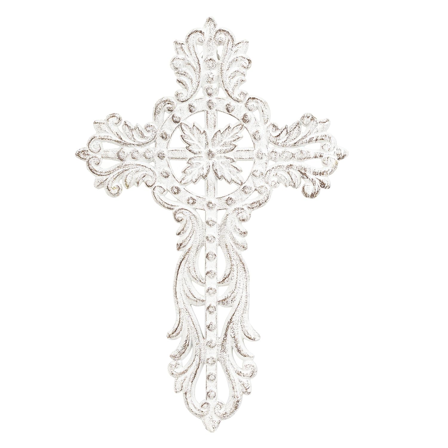 Sungmor Cast Iron Cross Wall Decor - Pretty & Ornate Metal Art, Vintage Decorative Outdoor Hanging, Rustic White Religious Sculpture for Farmhouse
