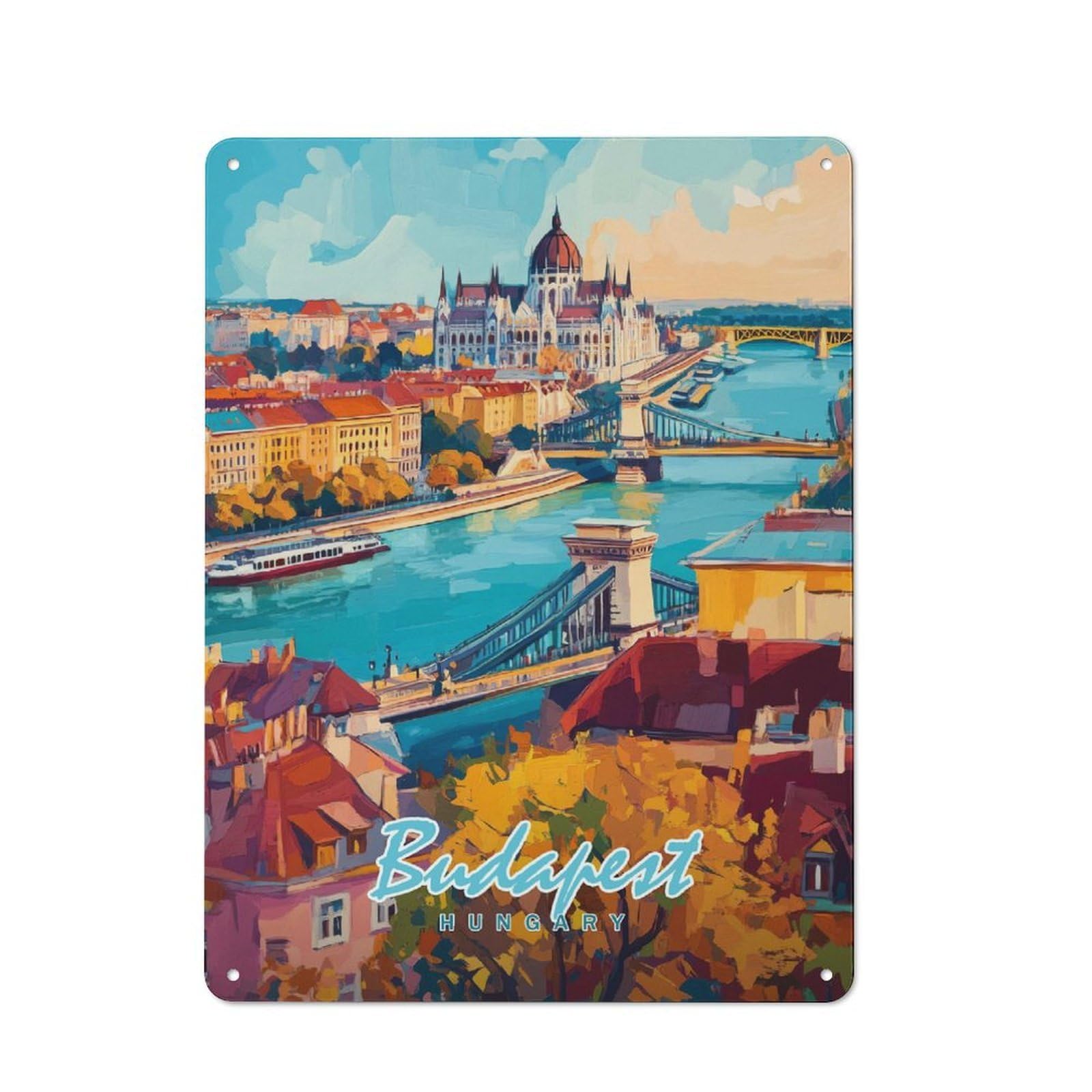 Junmoney Style-6 Budapest Cityscape Rustic Metal Sign 40X30cm For Garden Room Or Summerhouse, For Themed Interiors In Garden Rooms And Summerhouses