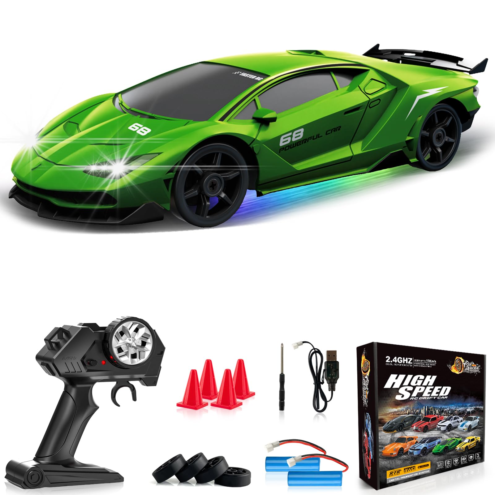 Remote Control Car RC Drift Car 2.4GHz 1:24 4WD 15KM/H High Speed Racing Sport Car with LED Lights Drifting Tire Racing Sport Toy for Adults Boys Girls Kids Gift 2Pcs Rechargeable Batteries