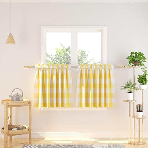Miniatura 66 de Cortina ajustable con cenefa para ventana de cocina Buffalo Check, a cuadros, gingham, estilo granja, con bolsillo para barra, para baño, 42 x 45