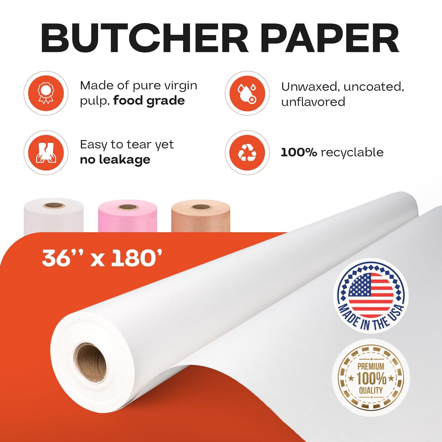 IDL Packaging White Butcher Paper 36" x 2160" (180 feet) - USA-Made Natural Butcher Paper Roll for Meat and Fish - Uncoated, Unwaxed & Food-Grade Material for Smoker, Grilling & BBQ