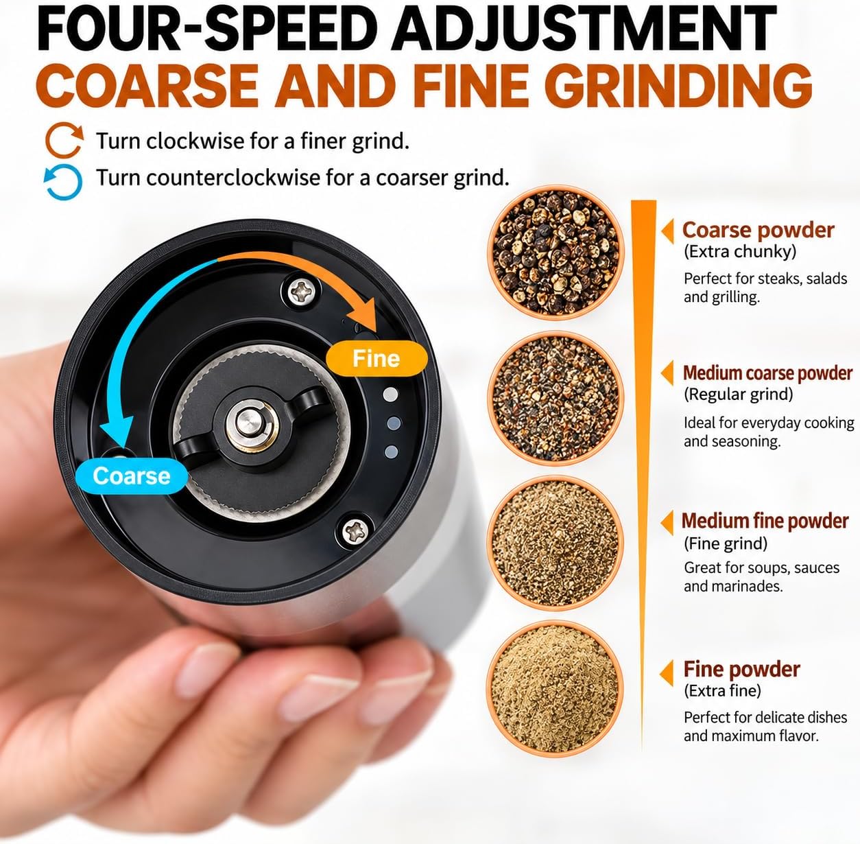 Electric Pepper Grinder and Salt Mill Set with Stand - White, Automatic One Hand Adjustable Coarseness Mill, Stainless Steel Ceramic Grinding Core, Kitchen Gift for Steak BBQ Cooking image 2