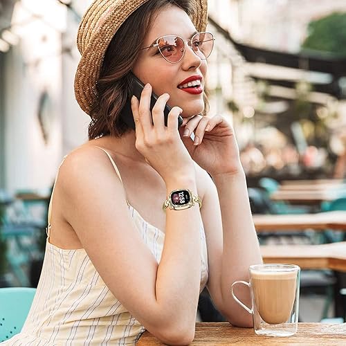Vista 5 de Correa de metal delgada compatible con Fitbit Versa 4/Fitbit Sense 2 Band Cute Women (dorado)