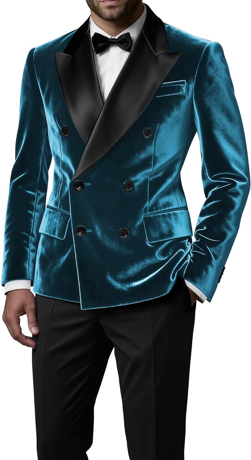 Velvet Blazer for Men Slim Fit Double Breasted Satin Lapel Coat Tuxedo Jacket with Bow for Prom Wedding Party
