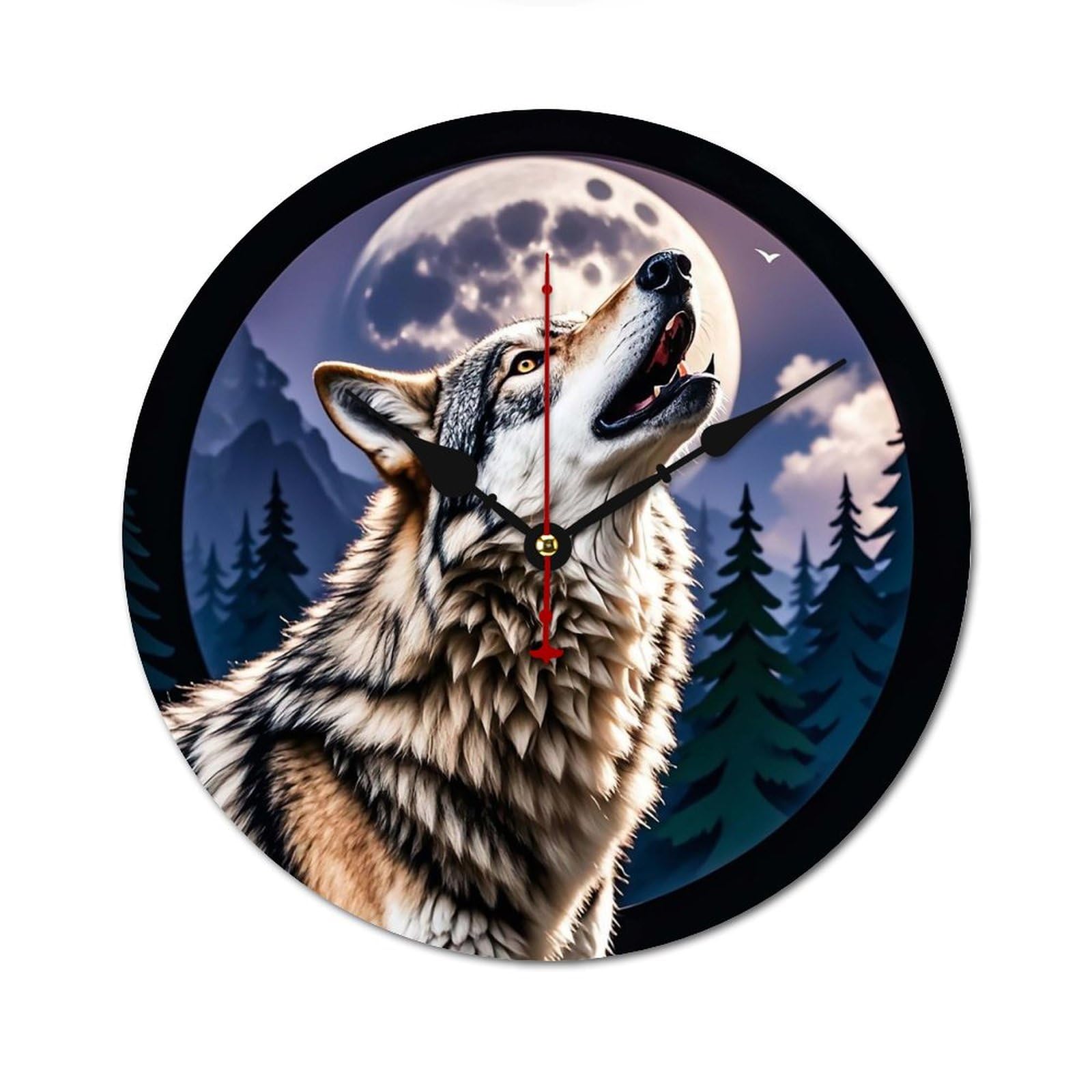 Horloge murale moderne en bois motif loups déco maison salon 60 cm
