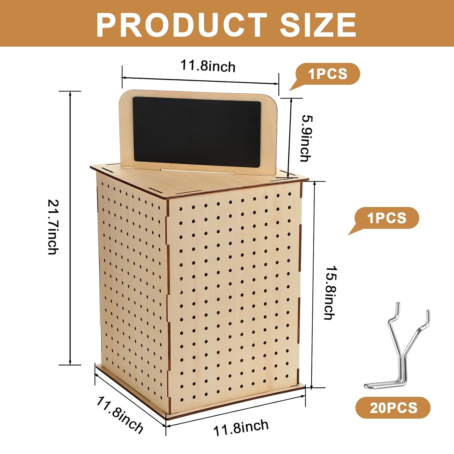Barydat Rotating Pegboard Display Stand with Hooks, 4 Sided Revolving Jewelry Organizer Stand 11.8 x 15.8 In with Blackboard for Retail Display Trade Show Craft Shows Keychain Vendor Events(Natural)