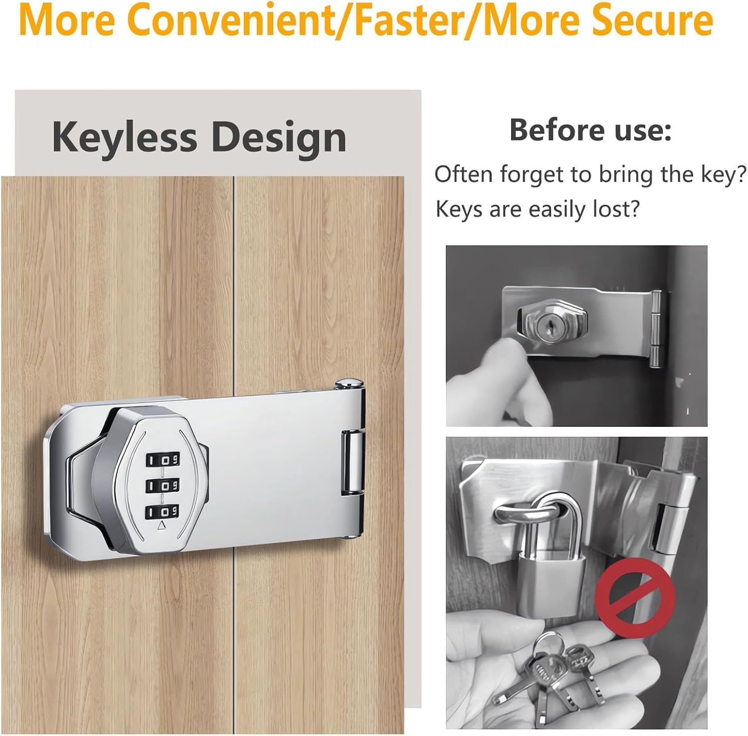 Kshavi Keyless Cabinet Lock 3-Digit Password Combination Code Hasp Latch Door Security Slide Latch for Locker, Fence, Bathroom, Outdoor, Garden (Silver, 3 Inch) 4