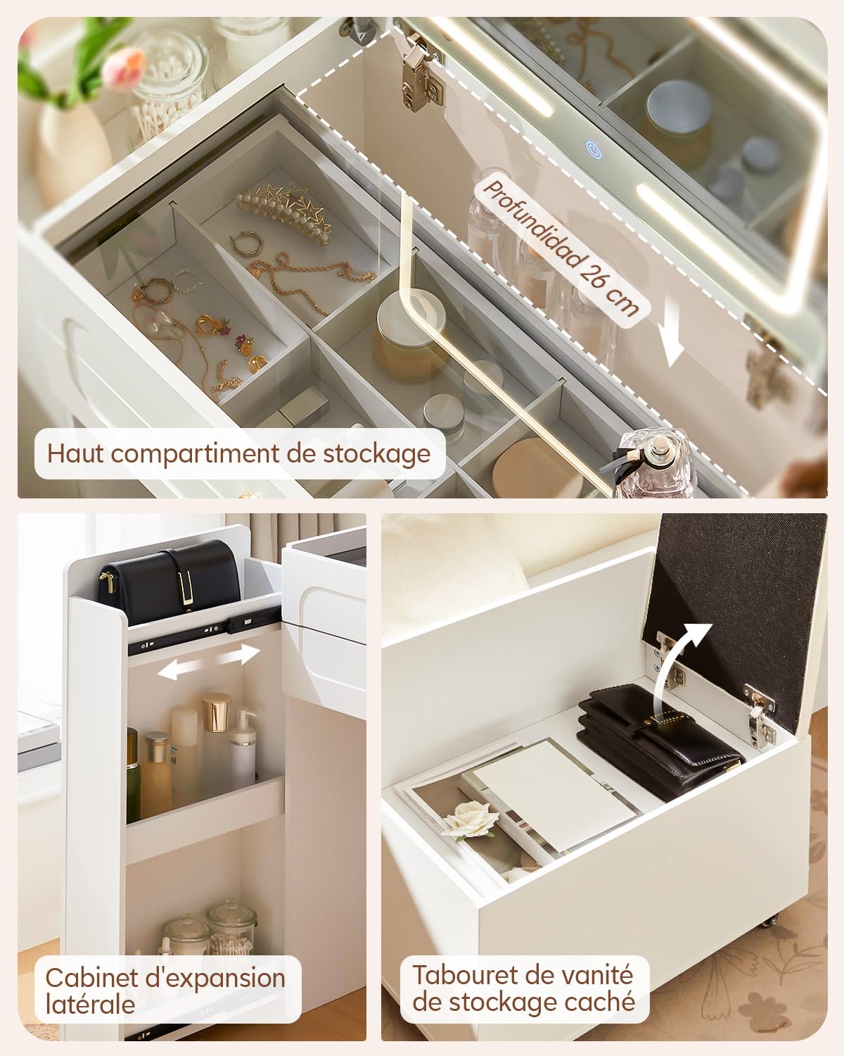TUKAILAI 3 in 1 Schminktisch mit Klappspiegel Kosmetiktisch mit sichtbarer Glasplatte, 3 Schubladen, Seitiger Stauraumund, Aufbewahrungshocker, Vanity Table für kleine Räume Schlafzimmer, Weiß