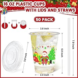 Lamosi 50 Pack 16 oz Christmas Clear Plastic Cups with Lids and Straws, Disposable Snowman Santa Plastic Coffee Cups with Lids for Family Gatherings, Wedding, Parties